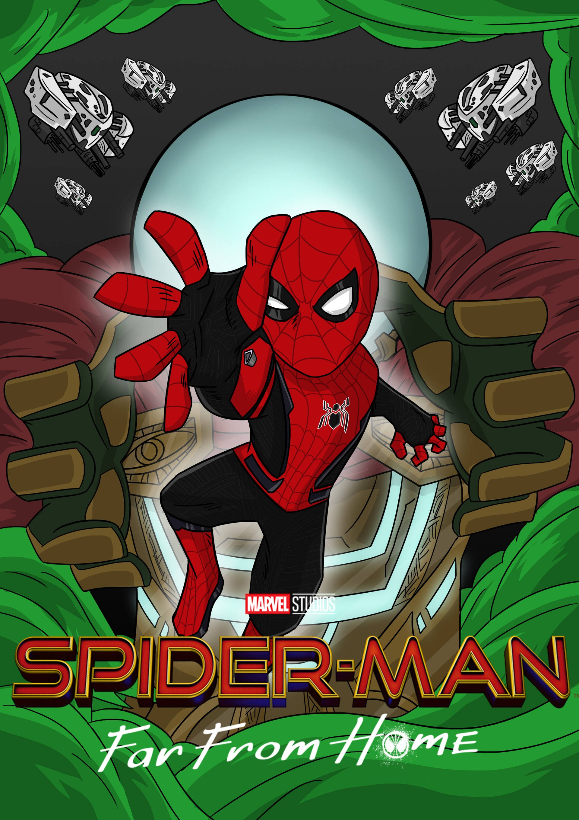 Spider Man Far From Home 桌布 壁紙 — 蜘蛛人穿著紅黑戰衣，英勇地站在綠色窗簾框內，上方有漂浮的無人機，下方有發光的球體。