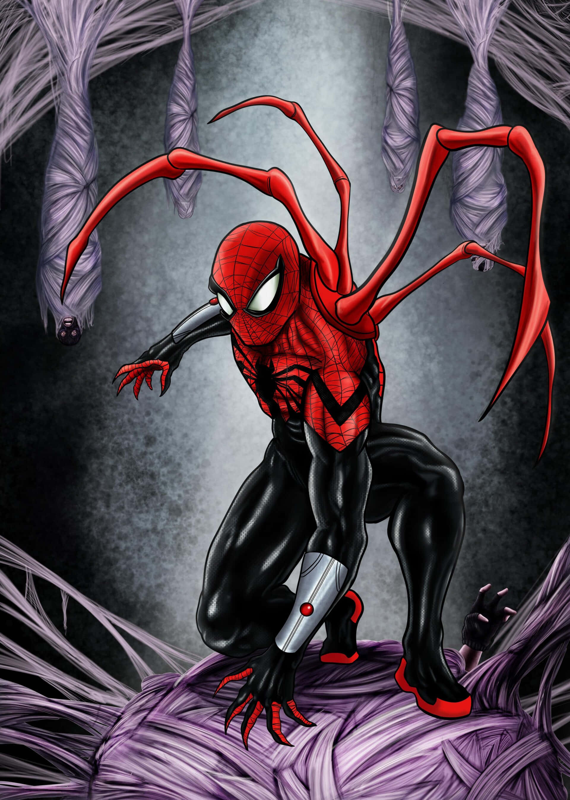Superior Spider-man 桌布 壁紙 — 蜘蛛人穿著紅黑戰衣，蹲在紫色蜘蛛網上，背部伸出長長的紅色肢體，背景為深灰色。