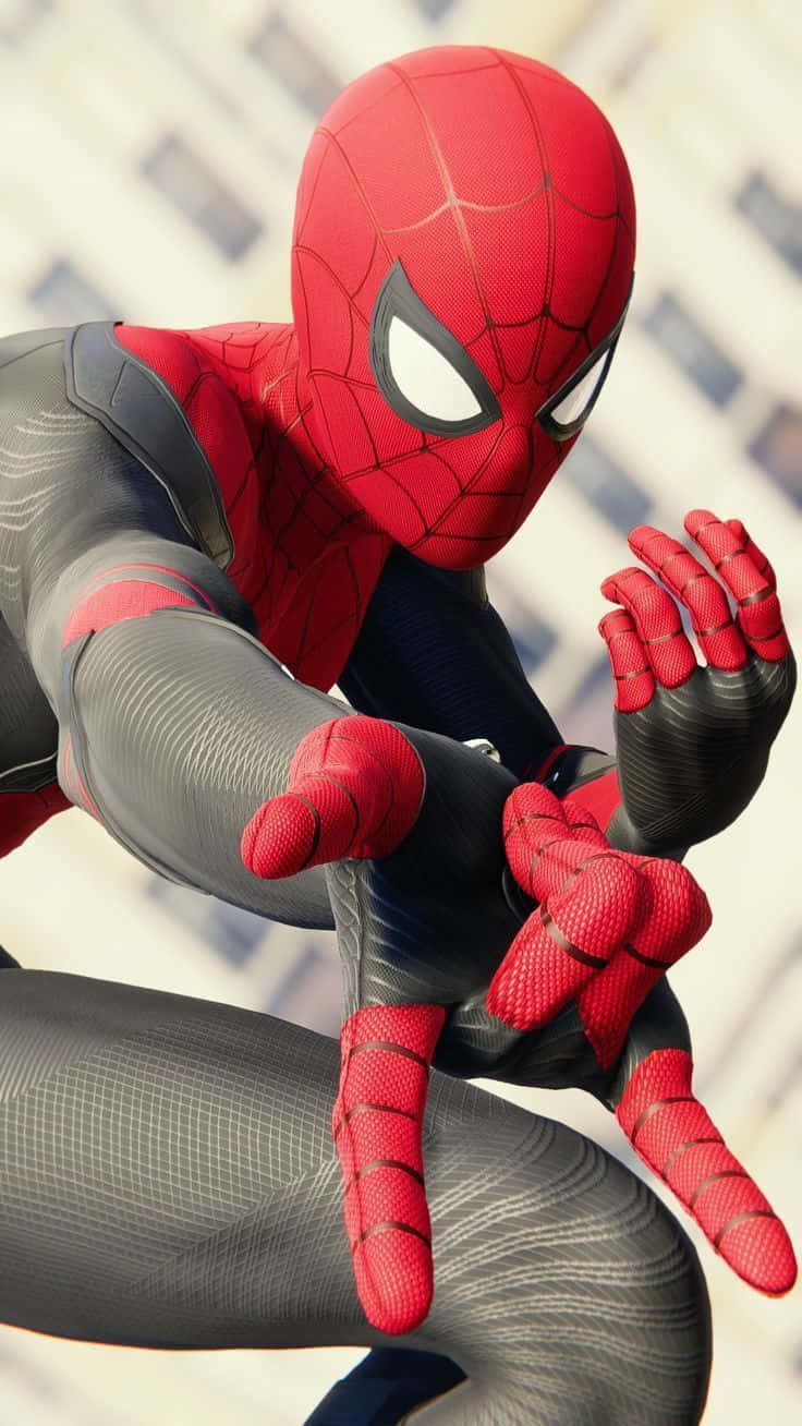 Web-slinging 桌布 壁紙 — 蜘蛛人穿著紅黑色戰衣，在模糊的城市天際線前半蹲於空中。