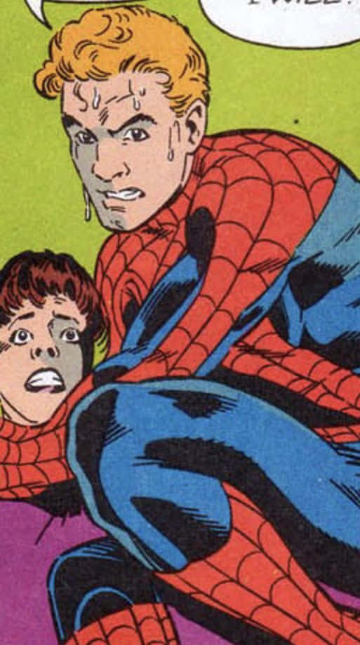 Flash Thompson 桌布 壁紙 — 蜘蛛人穿著經典紅藍戰衣，在亮綠色背景上以大膽漫畫線條抱著一個驚恐的孩子。