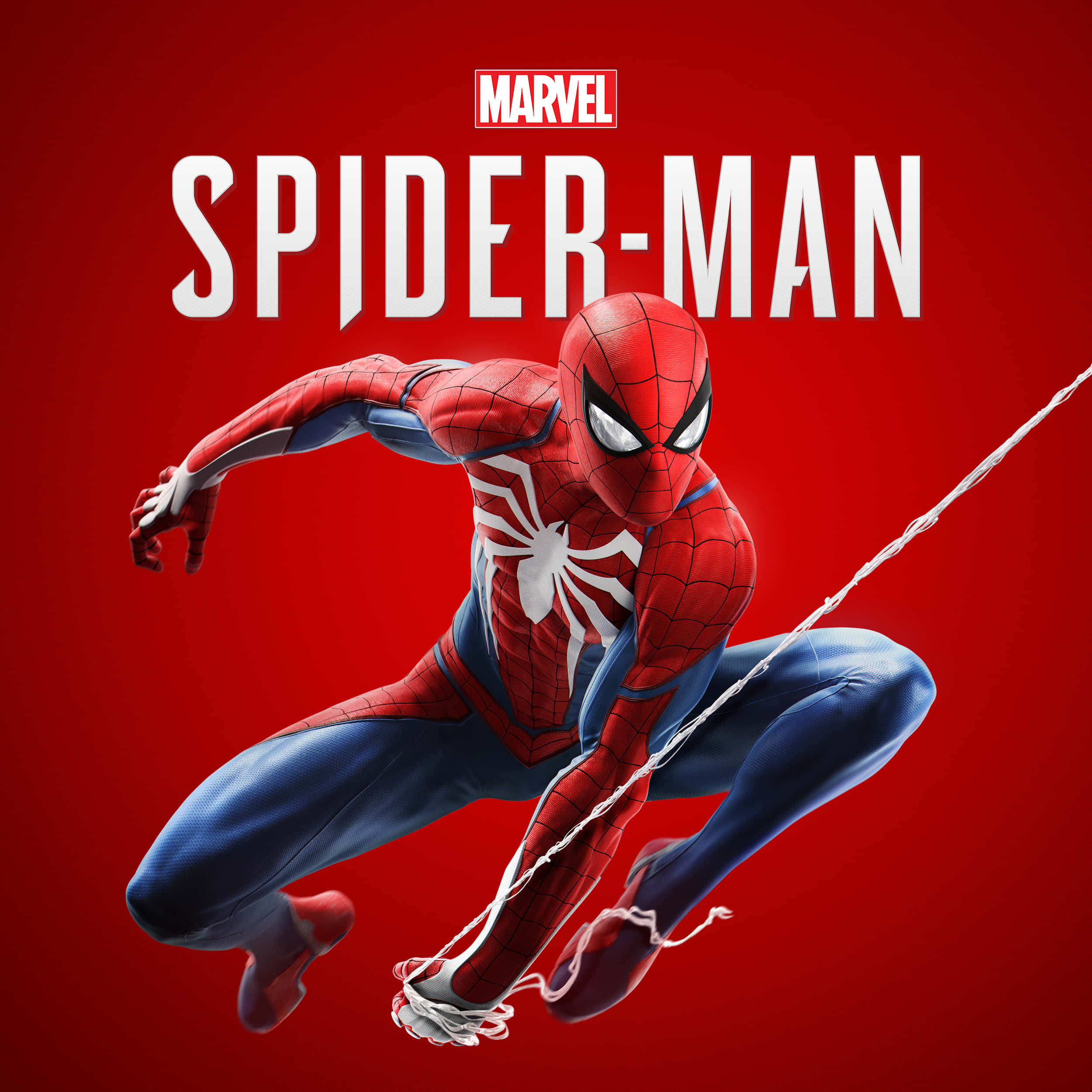 Spider Man Ps4 Logo 桌布 壁紙 — 蜘蛛人穿著經典紅藍戰衣，在帶有白色蛛網線條和Marvel標誌的鮮紅色背景上動態擺盪。