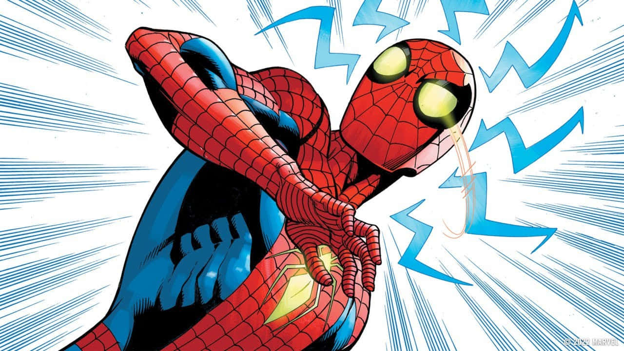 Spider-man Spider Sense 桌布 壁紙 — 蜘蛛人穿著經典紅藍戰衣，在白色背景上以藍色動態線條動態擺出射網姿勢。