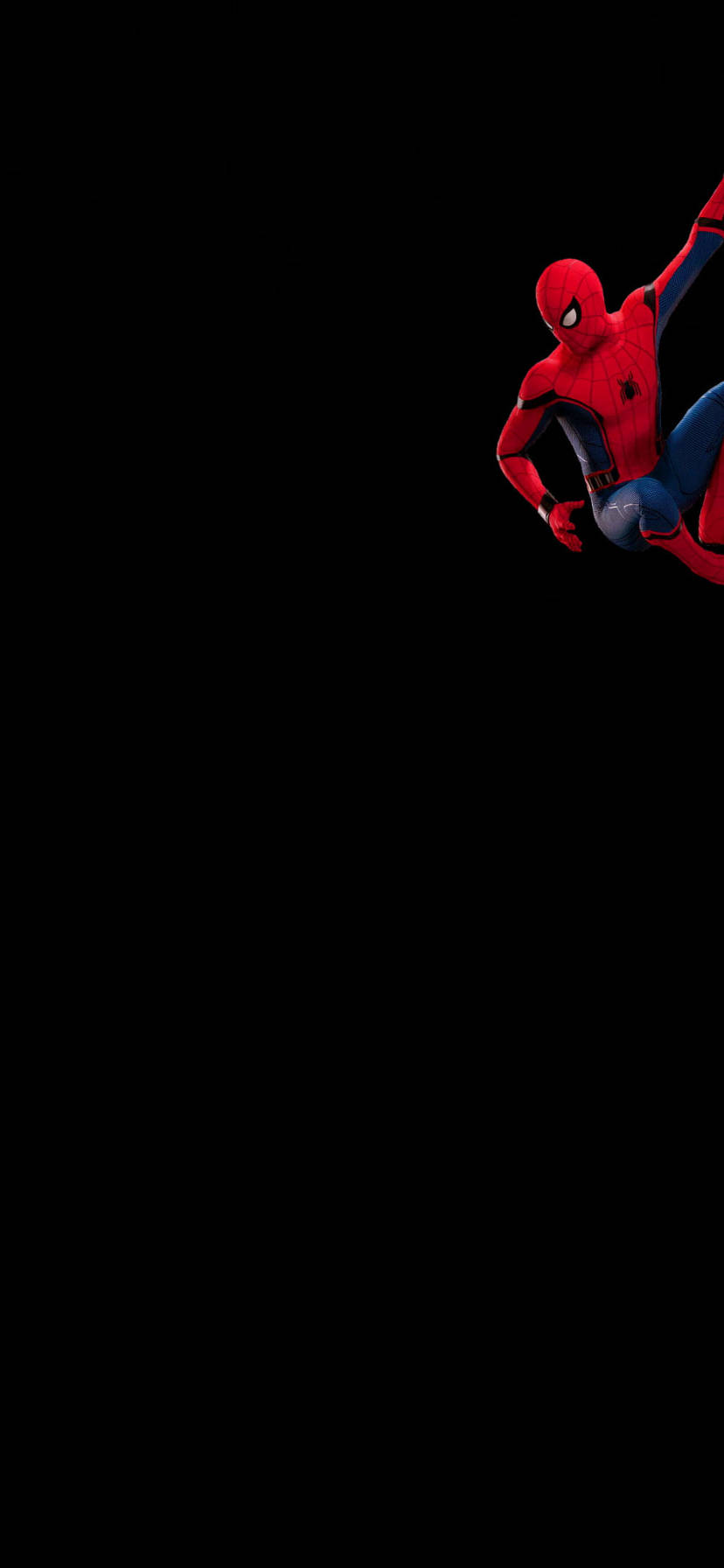 marvel iPhone xr 桌布 壁紙 — 蜘蛛人穿著經典紅藍戰衣，在純黑背景上動態擺盪。
