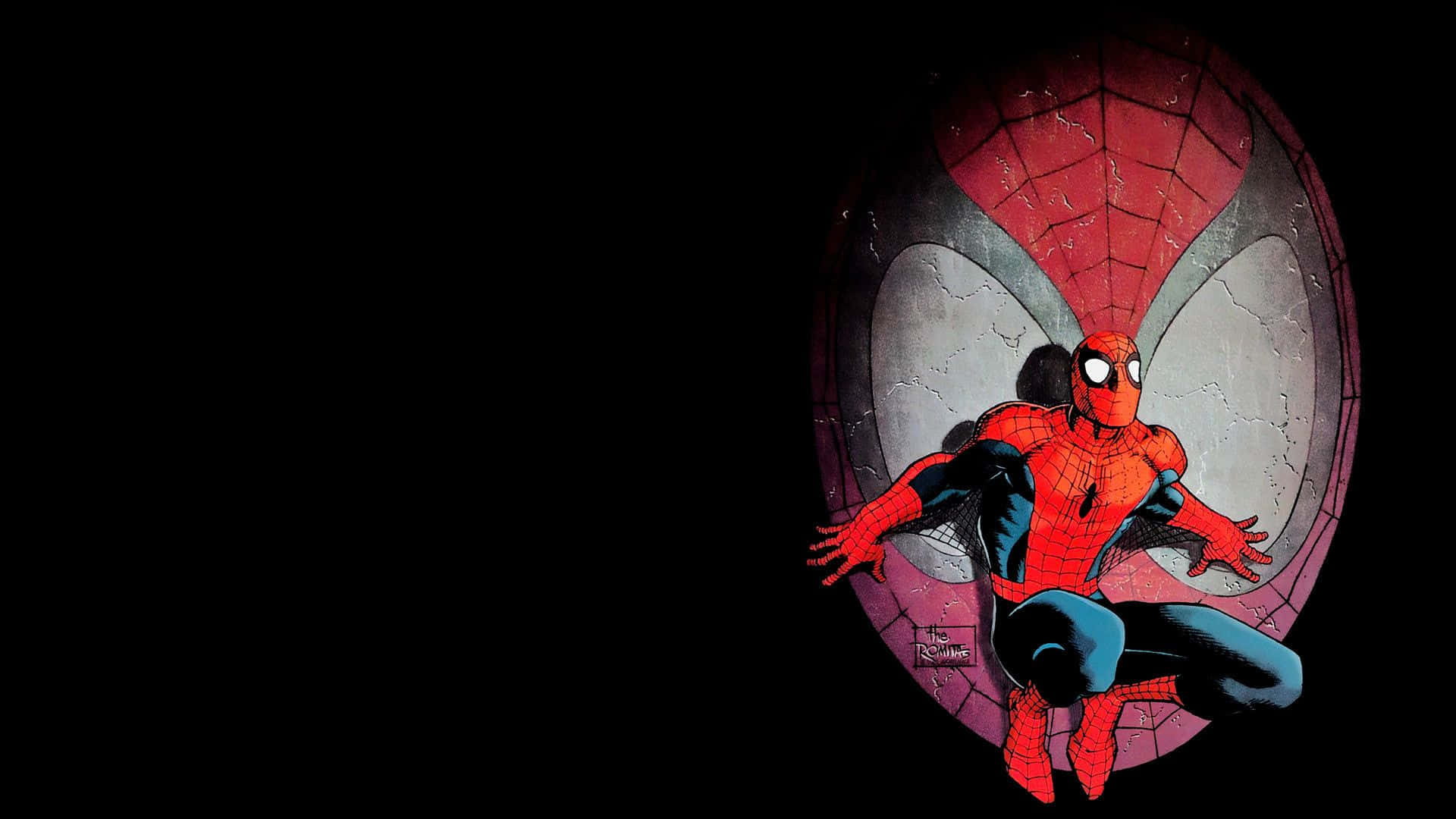 Best Spider Man 桌布 壁紙 — 蜘蛛人穿著經典紅藍戰衣，在黑色背景上以破裂橢圓標誌為襯，擺出動感姿勢。