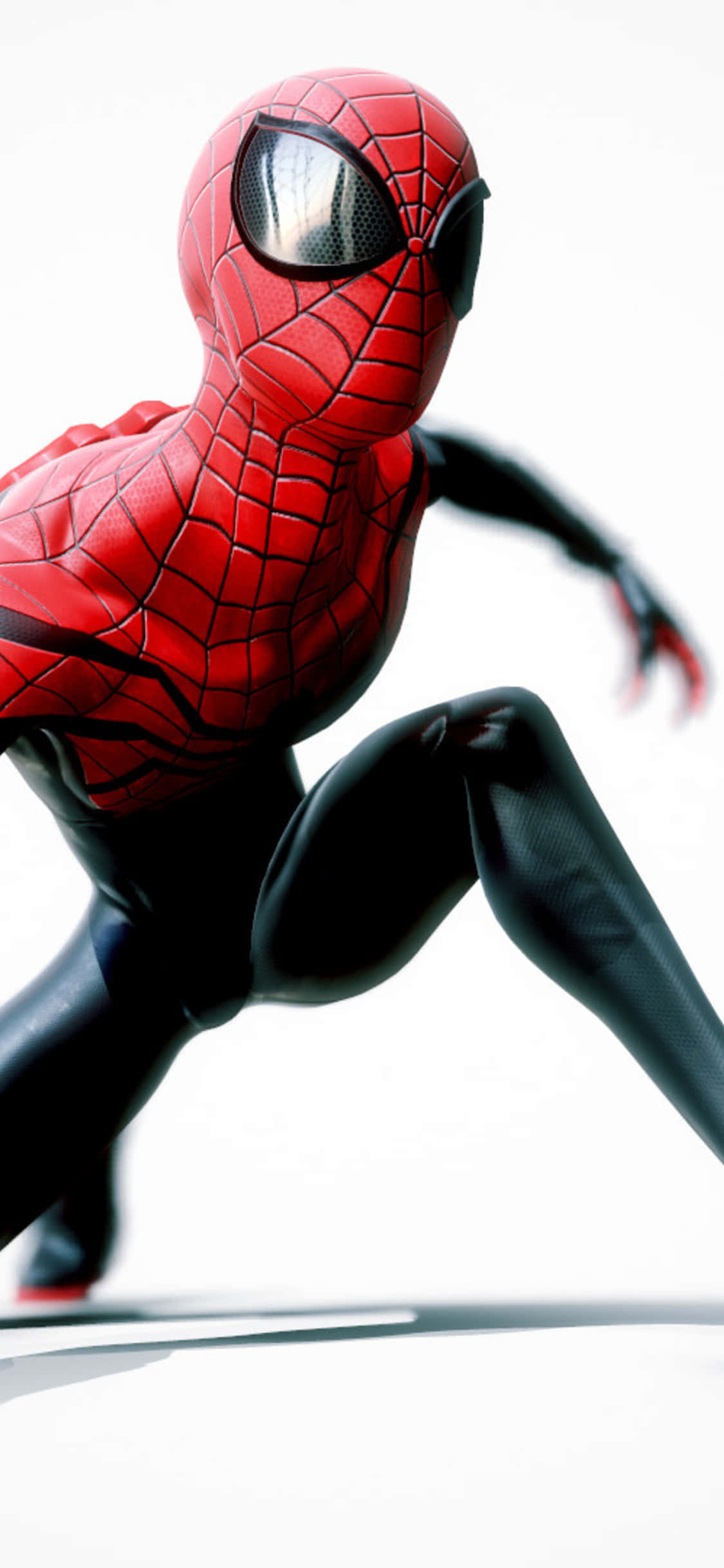 Superior Spider-man 桌布 壁紙 — 蜘蛛人穿著經典紅黑戰衣，在純白背景上動態蹲伏。