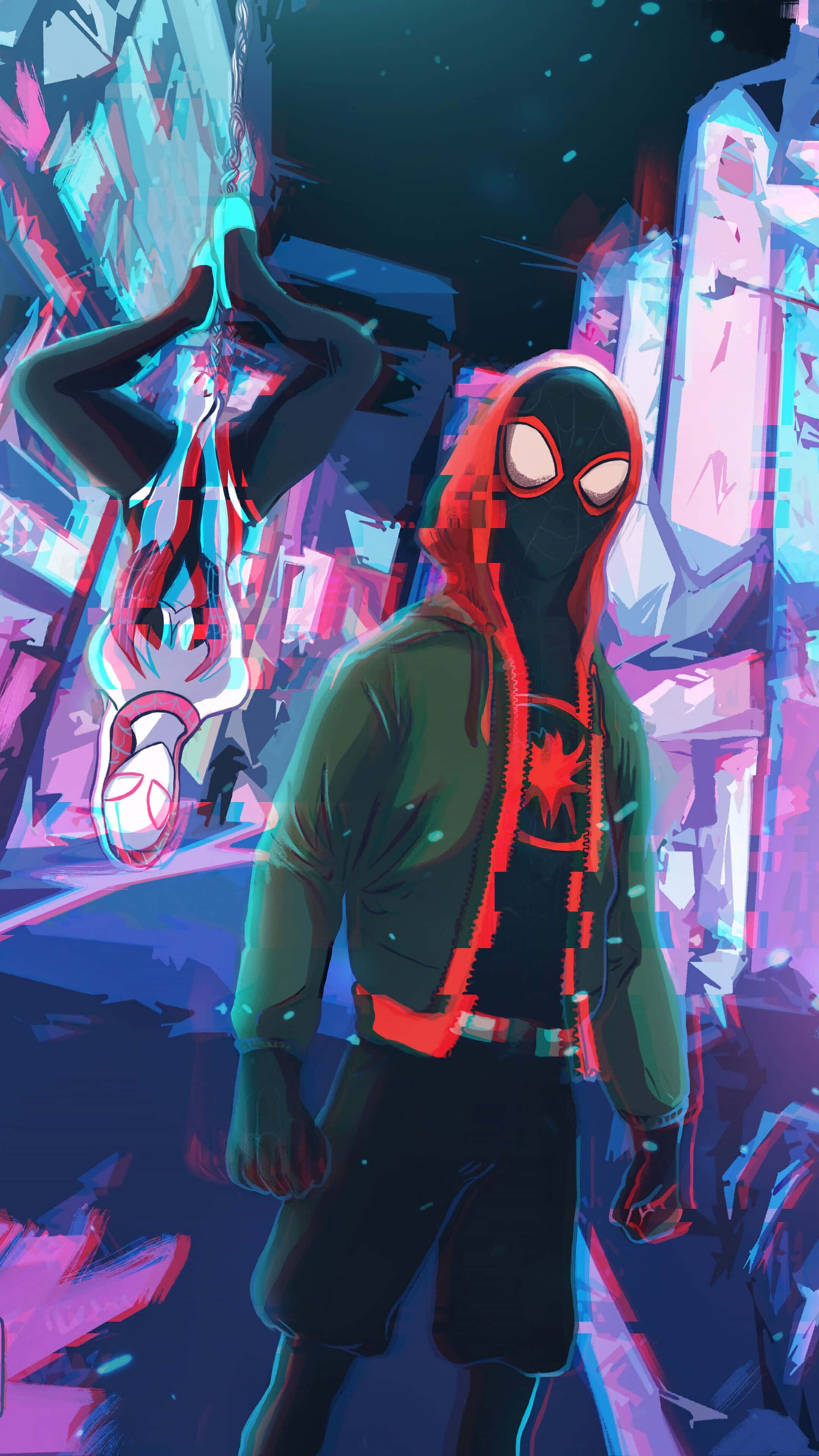 Gwen Stacy 桌布 壁紙 — 蜘蛛人穿著綠色連帽衫，站在充滿霓虹燈的城市景觀中，周圍有發光的粉紅色和藍色水晶結構。