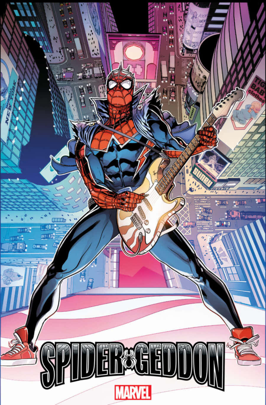 Spider-geddon 桌布 壁紙 — 蜘蛛人穿著藍紅戰衣，在粉白條紋舞台上彈奏白色電吉他，背景是霓虹燈閃爍的城市景觀。