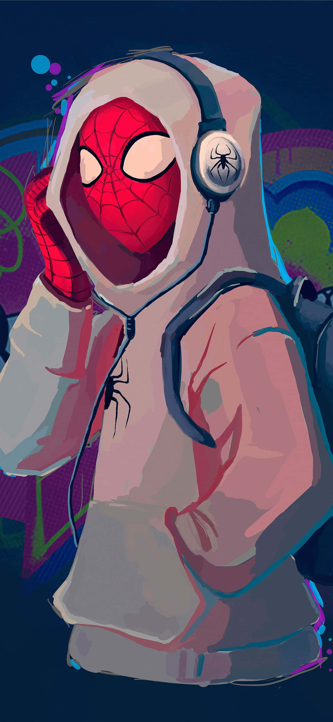 Spiderman Pfp 桌布 壁紙 — 蜘蛛人穿著連帽衫戴著耳機，在霓虹燈光下調整耳塞，背景是塗鴉牆。