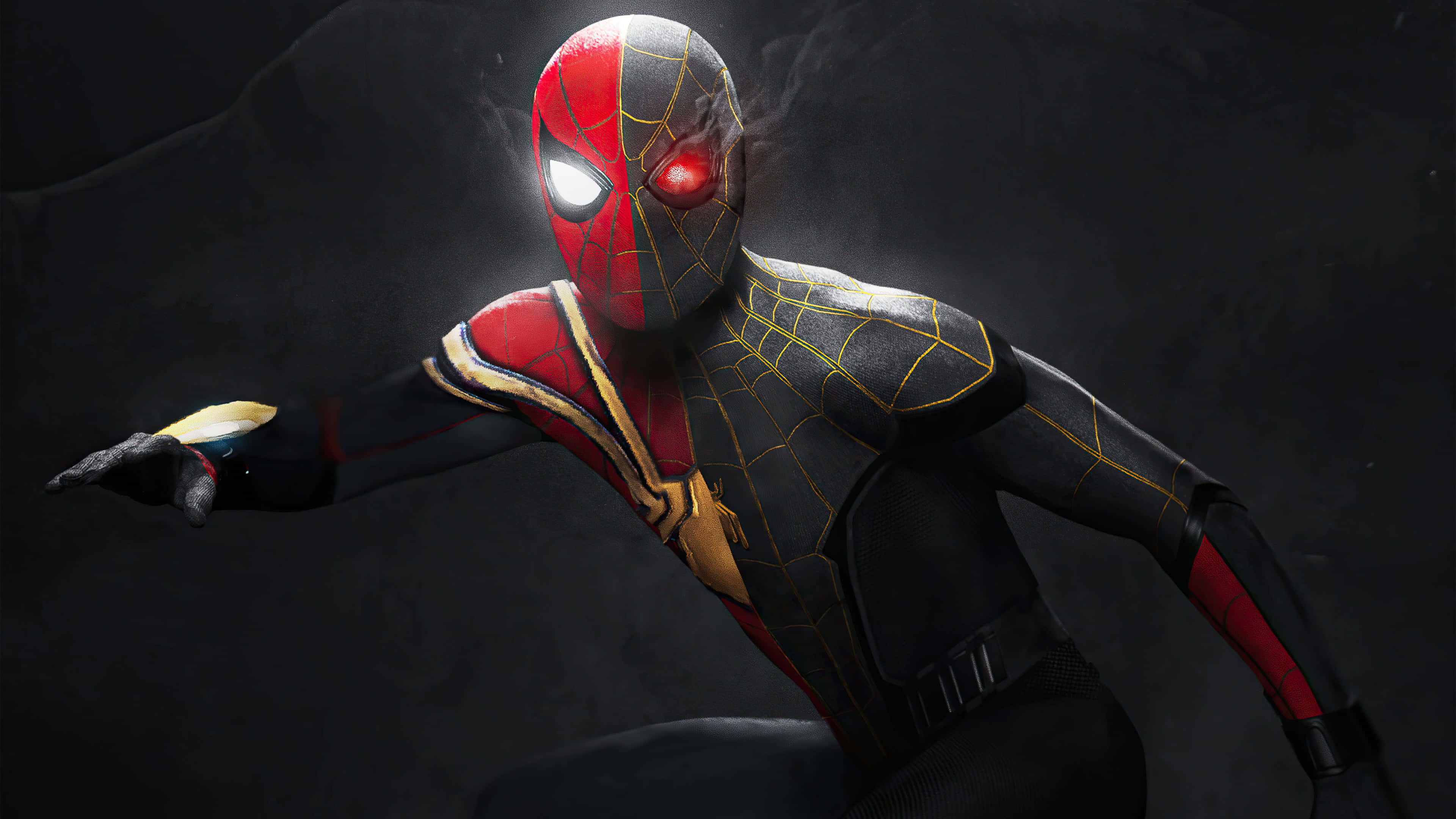 Spider Man No Way Home 桌布 壁紙 — 蜘蛛人穿著黑、紅、金色戰衣，在黑暗煙霧背景中動態蹲伏，雙眼發光。
