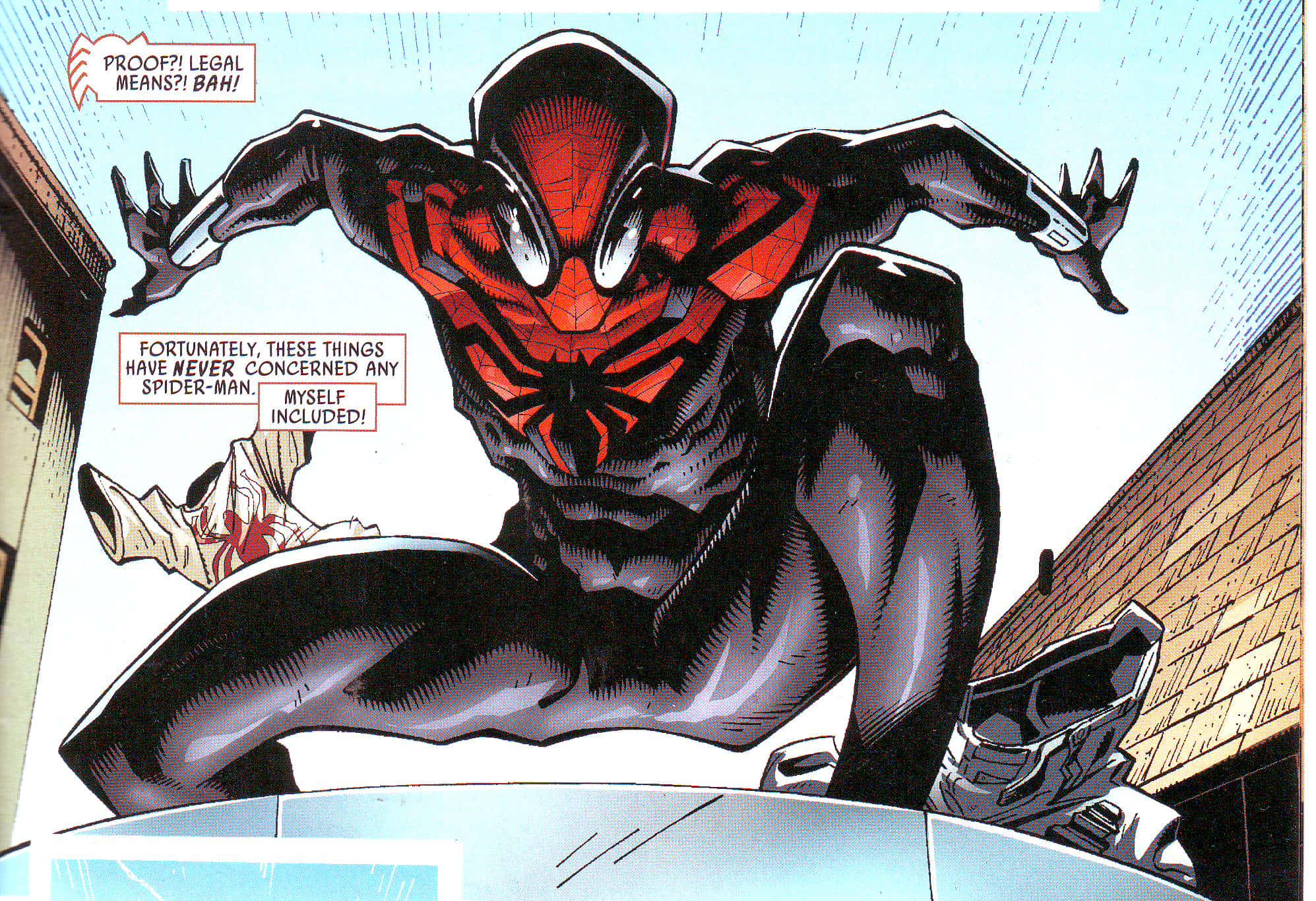 Superior Spider-man 桌布 壁紙 — 蜘蛛人穿著黑紅色戰衣，在漫畫對話框之間動態跳躍於城市建築之間。