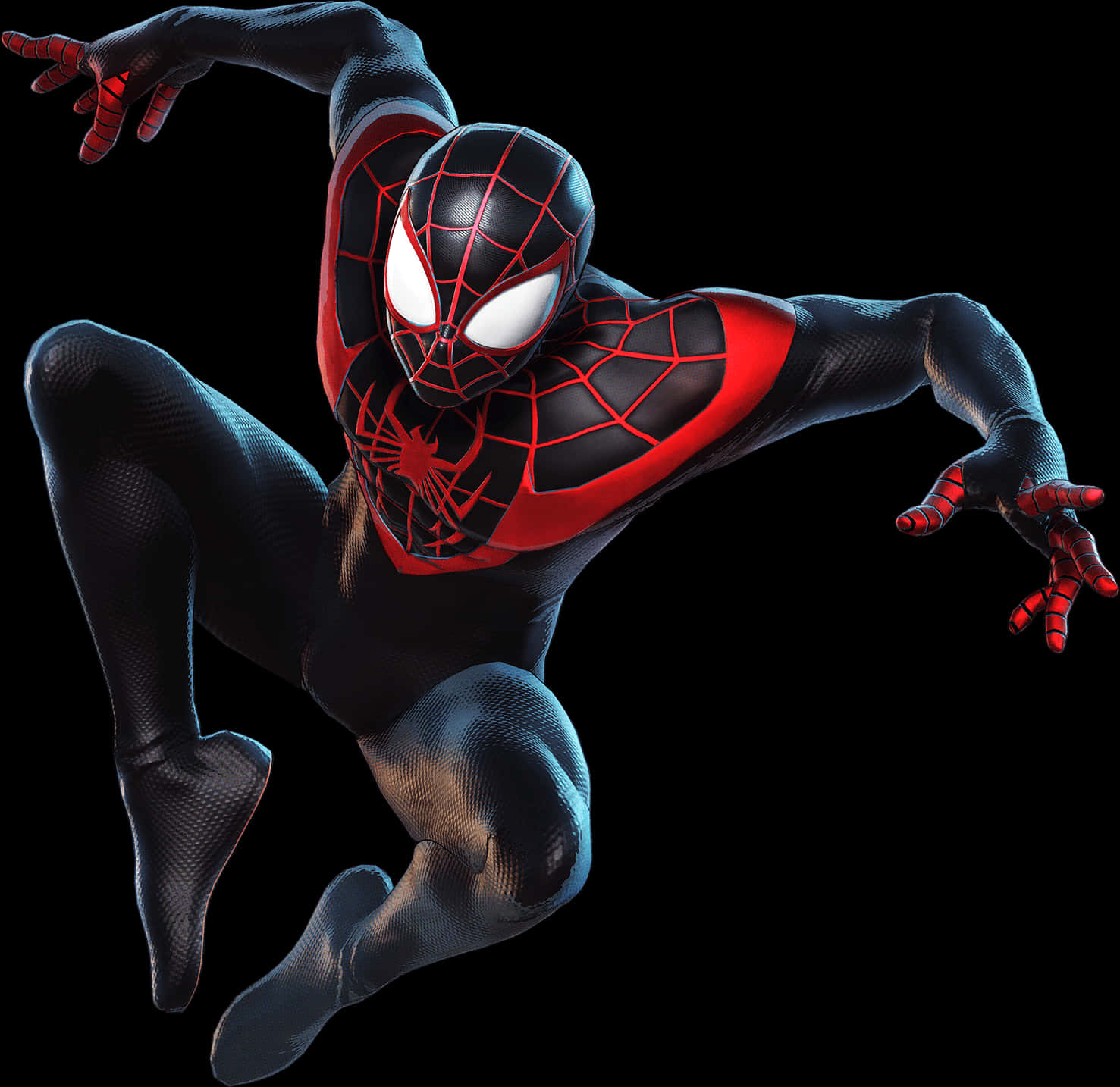 Spiderman Clipart 桌布 壁紙 — 蜘蛛人穿著黑紅色戰衣，在純黑色背景下動態地蹲伏。