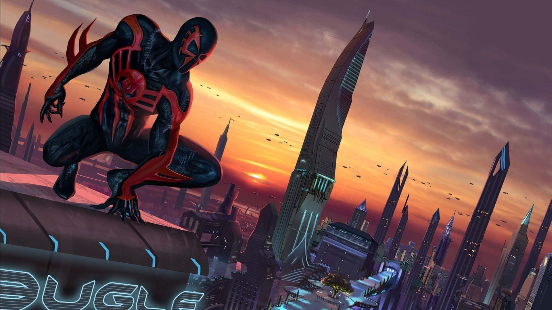 Spider Man 2099 桌布 壁紙 — 蜘蛛人穿著黑紅色戰衣，蹲在摩天大樓頂端，背景是未來城市景觀上充滿活力的日落。