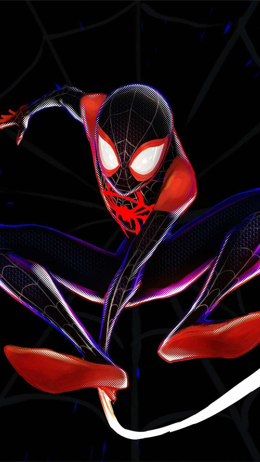 Miles Morales iPhone 桌布 壁紙 — 蜘蛛人穿著黑色和紅色戰衣，在帶有發光點綴的黑暗蛛網背景前動態蹲伏。