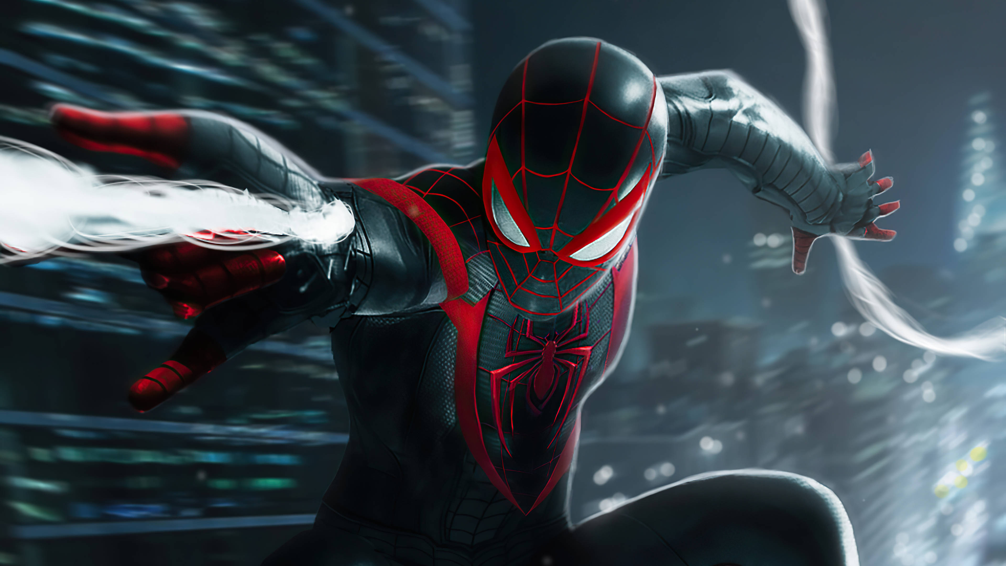 Spider Man Miles Morales Ps5 桌布 壁紙 — 蜘蛛人穿著黑色和紅色戰衣，在霓虹燈閃爍的城市景觀中擺盪，身後拖著蜘蛛絲。