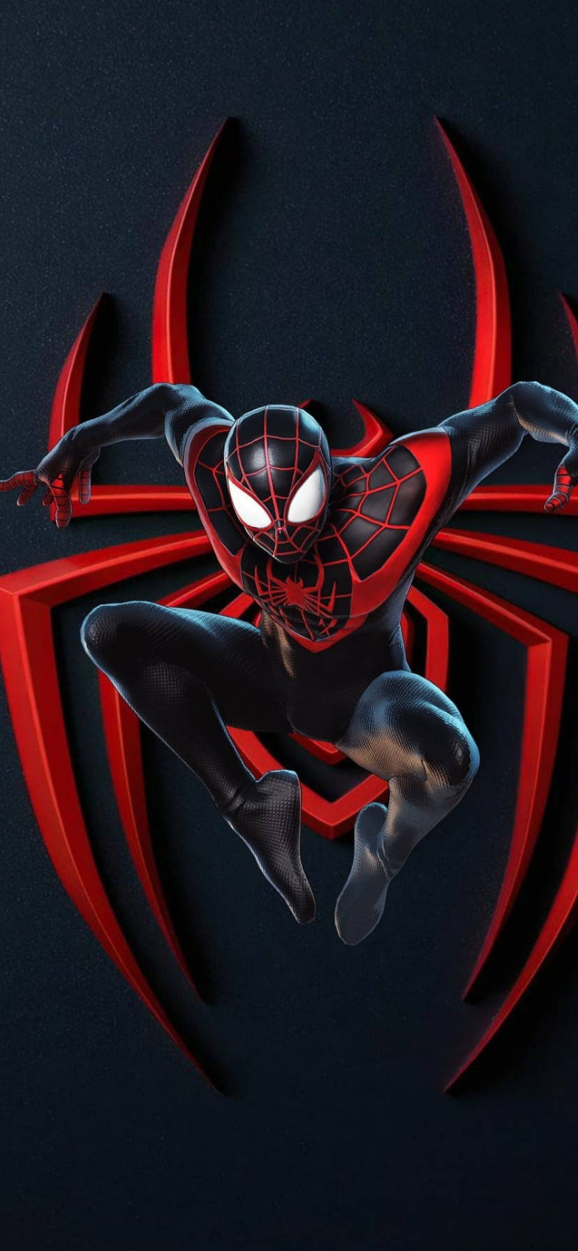 marvel iPhone xr 桌布 壁紙 — 蜘蛛人穿著黑色和紅色戰衣，在黑暗背景上動態跳躍，帶有發光的紅色蜘蛛標誌。