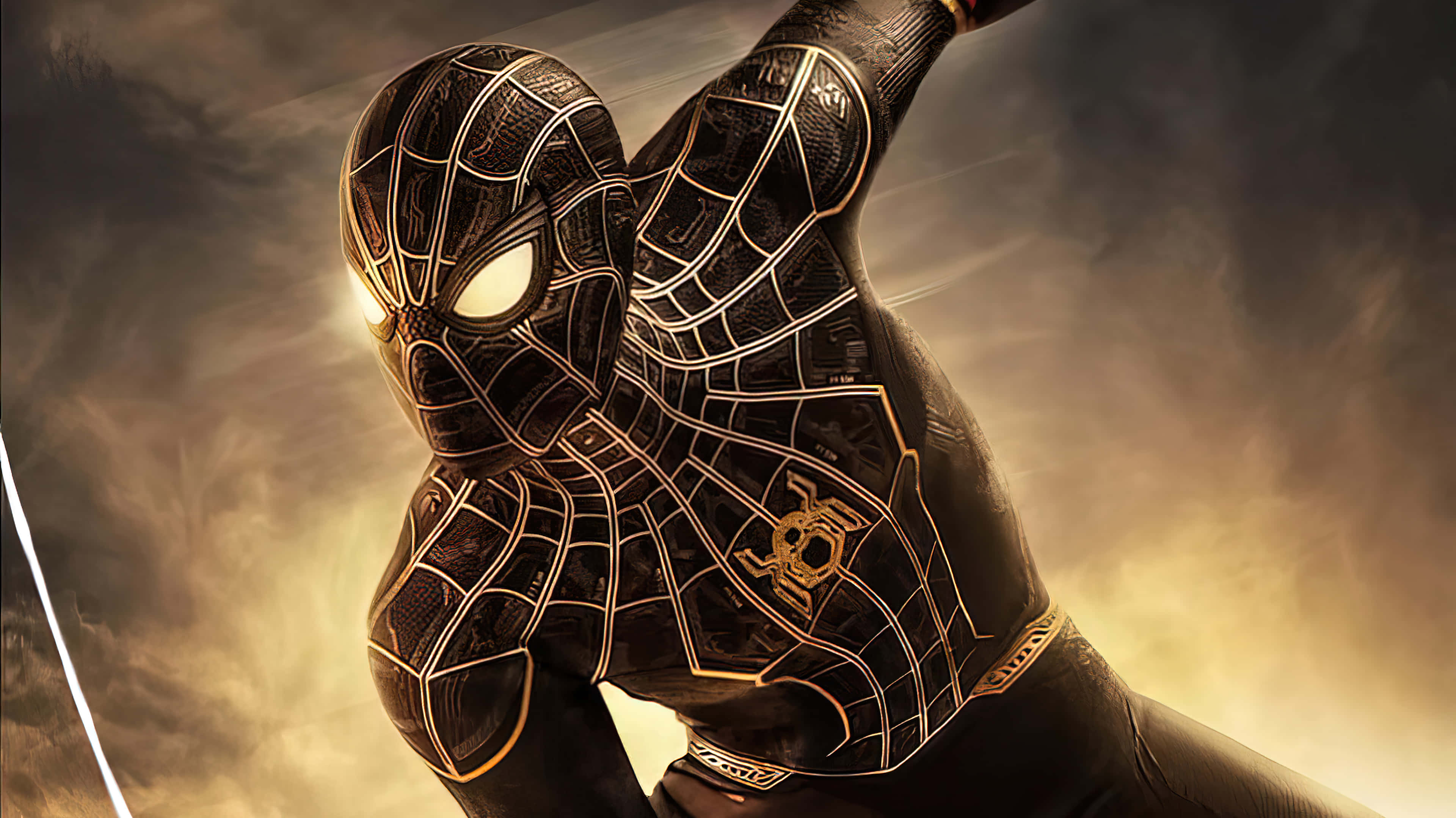 Spider Man No Way Home 桌布 壁紙 — 蜘蛛人穿著黑金戰衣，在煙霧繚繞的金色背景下動態蹲伏。