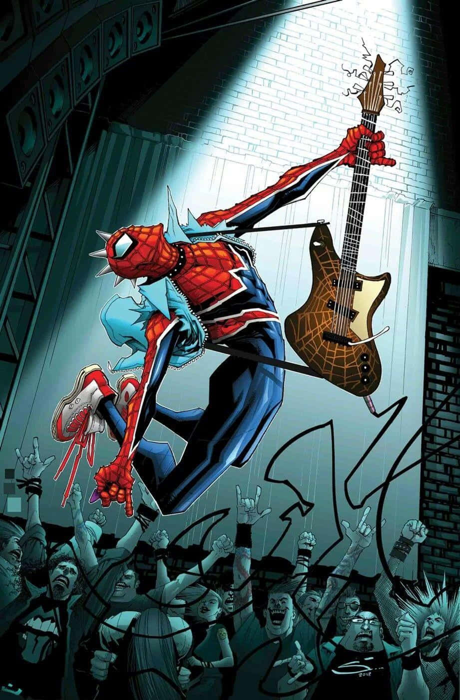 Spider-geddon 桌布 壁紙 — 蜘蛛人穿著龐克搖滾裝束，在聚光燈下的演唱會中，手持吉他躍上半空，下方是興奮的人群。