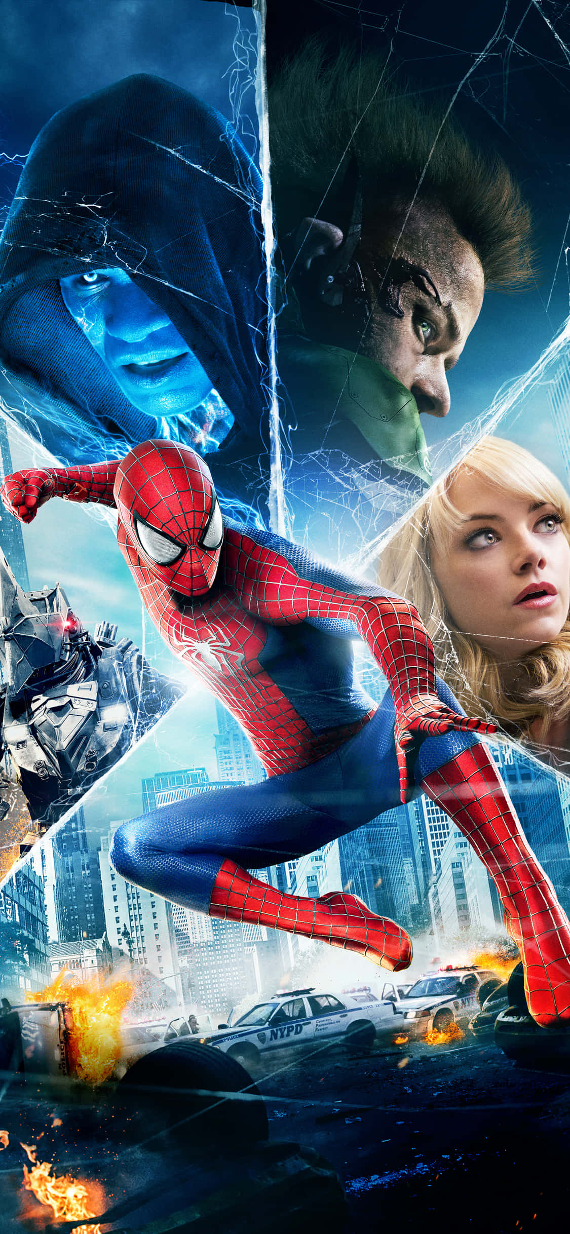 Amazing Spider Man iPhone 桌布 壁紙 — 蜘蛛人穿過破碎玻璃效果，跳躍在燃燒的城市景觀上，背景有反派和一位金髮女子。