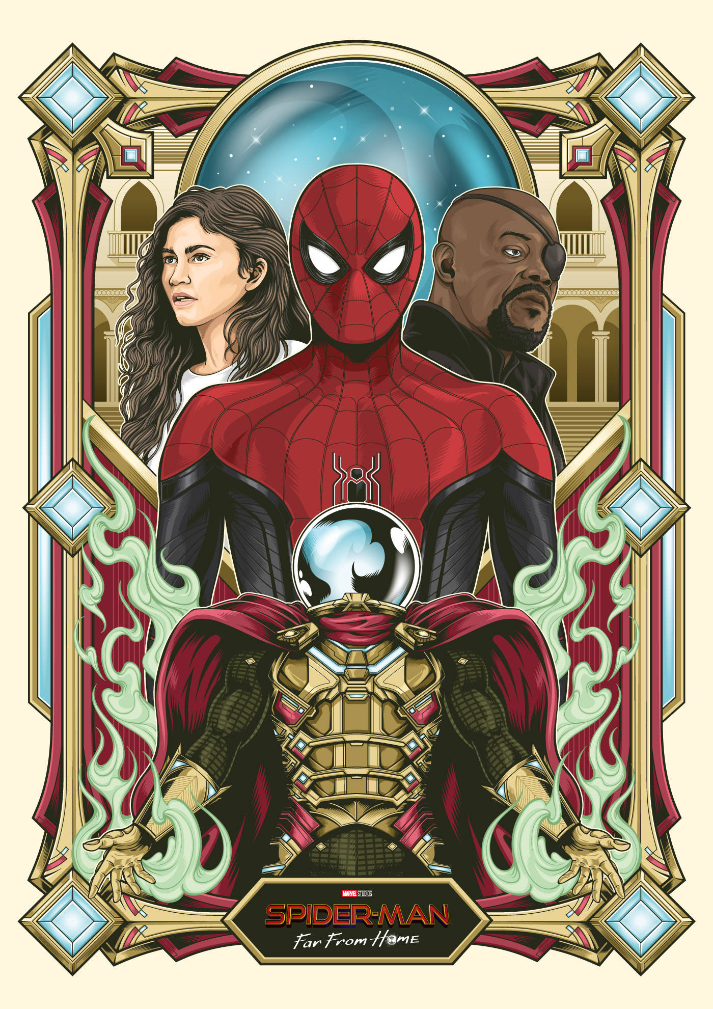 Spider Man Far From Home 桌布 壁紙 — 蜘蛛人站在中央，MJ 和尼克·福瑞在兩側，華麗的金色畫框內，神秘的綠色能量在下方裝甲人物周圍旋轉。