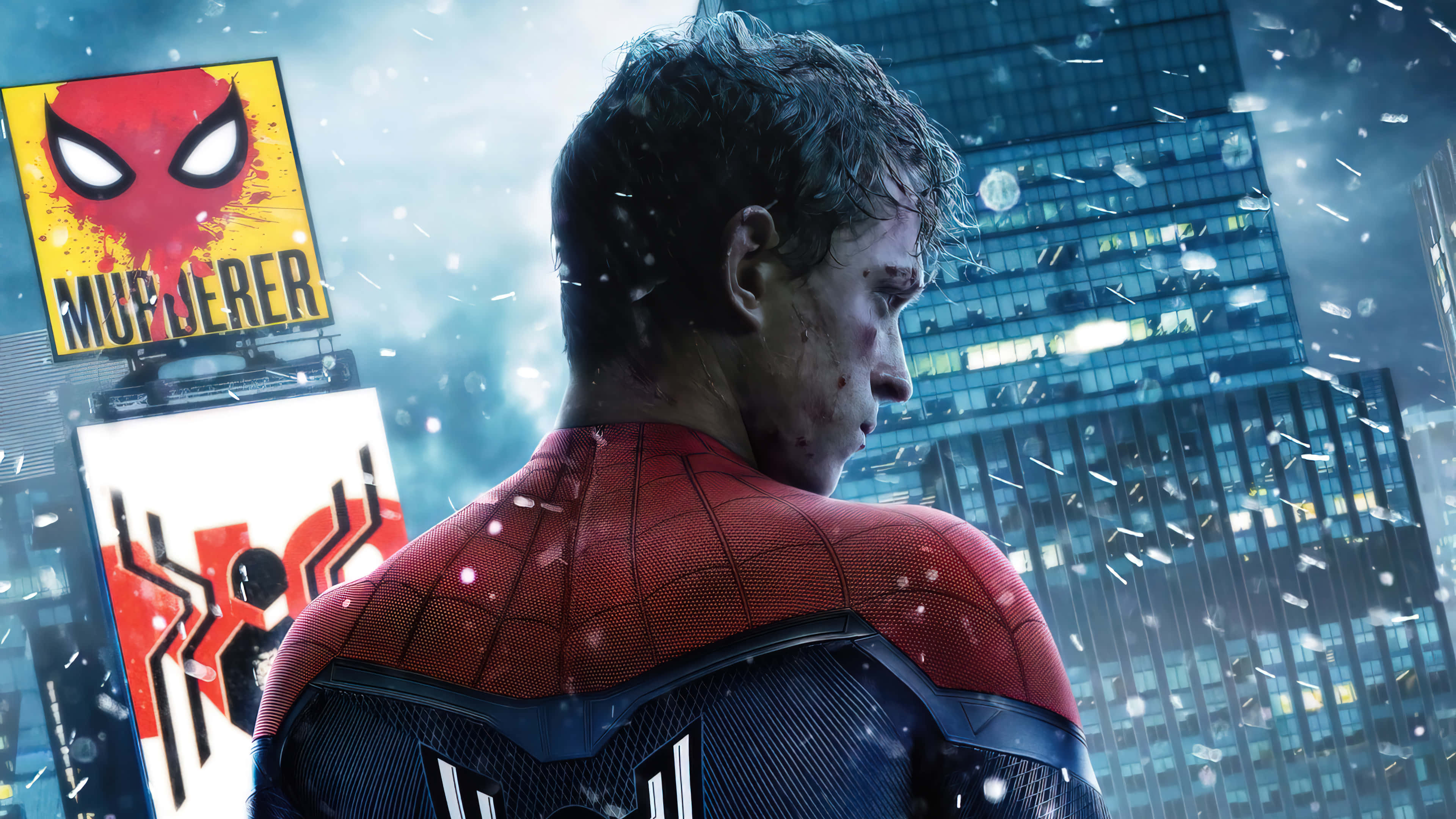 Spider Man No Way Home 桌布 壁紙 — 蜘蛛人站在被雨水浸濕的城市景觀中，傷痕累累、疲憊不堪，雪花落在高聳的摩天大樓上，身後一塊寫著「MURDERER」的廣告牌赫然聳立。