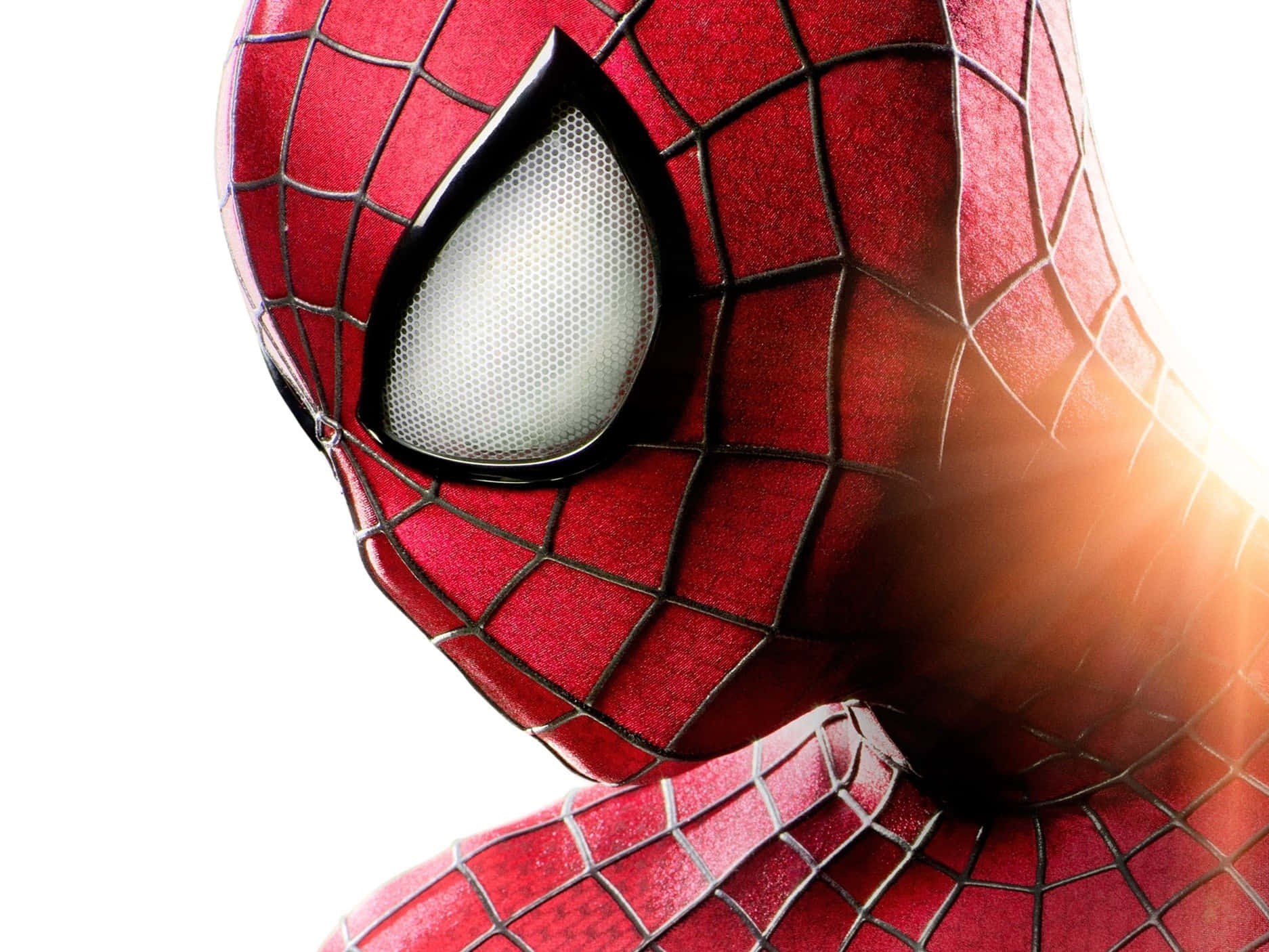 Spider Man Trilogy 桌布 壁紙 — 蜘蛛人紅藍網紋面具特寫，帶有發光白色眼鏡，背景為亮白色。