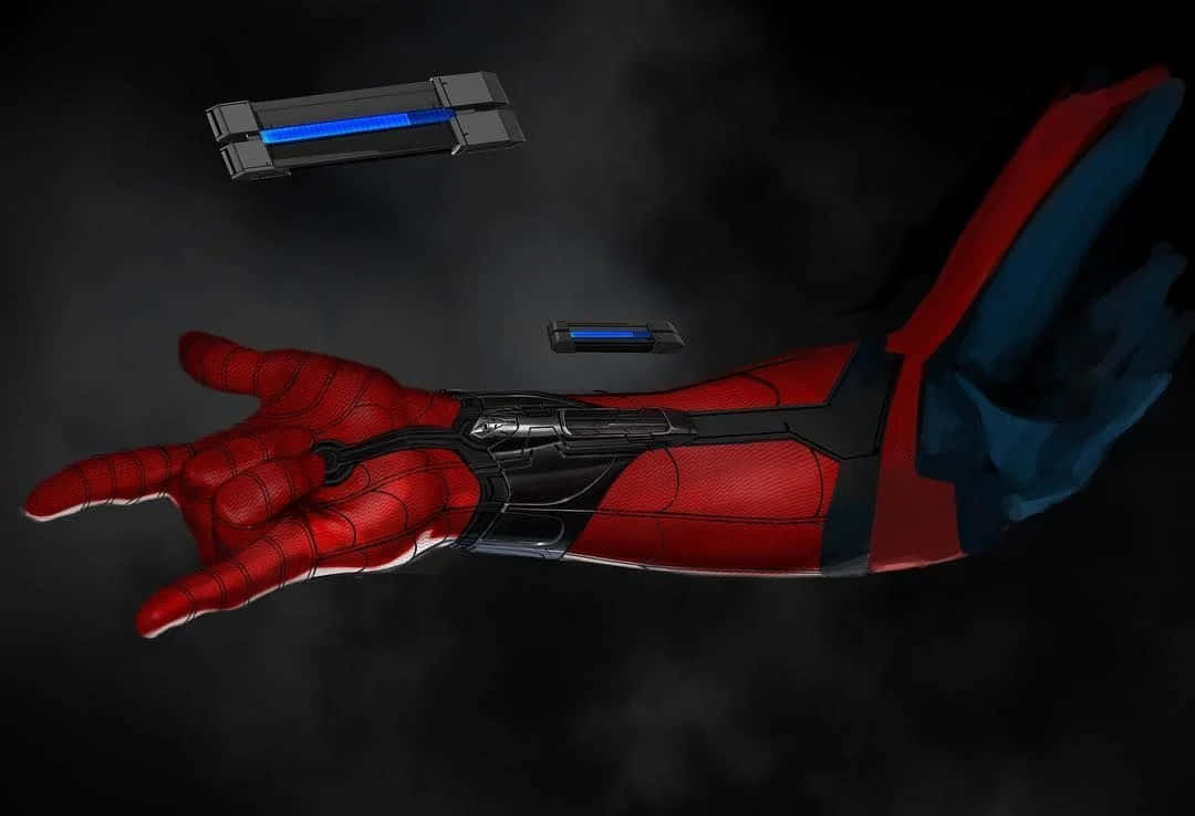 Spider-man Web Shooter 桌布 壁紙 — 蜘蛛人紅藍色裝甲手臂的特寫，發光的藍色科技組件漂浮在黑暗煙霧空間中。