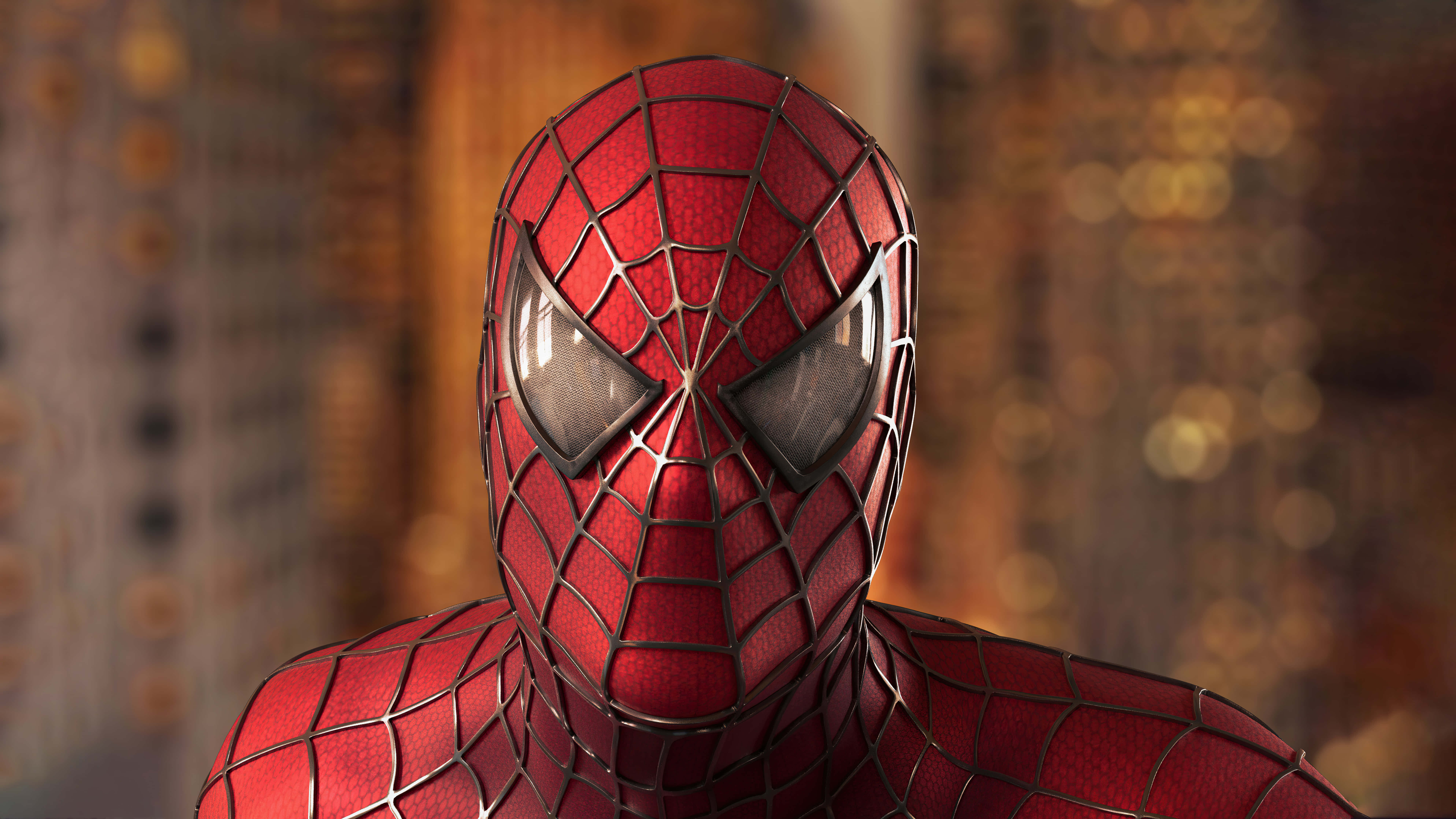 Spiderman Face 桌布 壁紙 — 蜘蛛人紅藍蜘蛛網紋緊身衣的特寫，反光眼睛，背景是模糊的城市景觀。