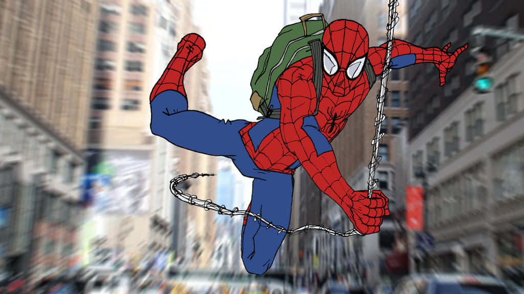 Spider-man Web Slinging 桌布 壁紙 — 蜘蛛人背著綠色背包，手握蜘蛛絲，在繁華的城市景觀中擺盪。