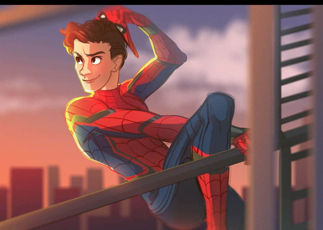 Friendly Neighborhood Spider-man 桌布 壁紙 — 蜘蛛人自信地棲息在欄杆上，背景是溫暖的日落城市景觀，帶著頑皮的微笑。