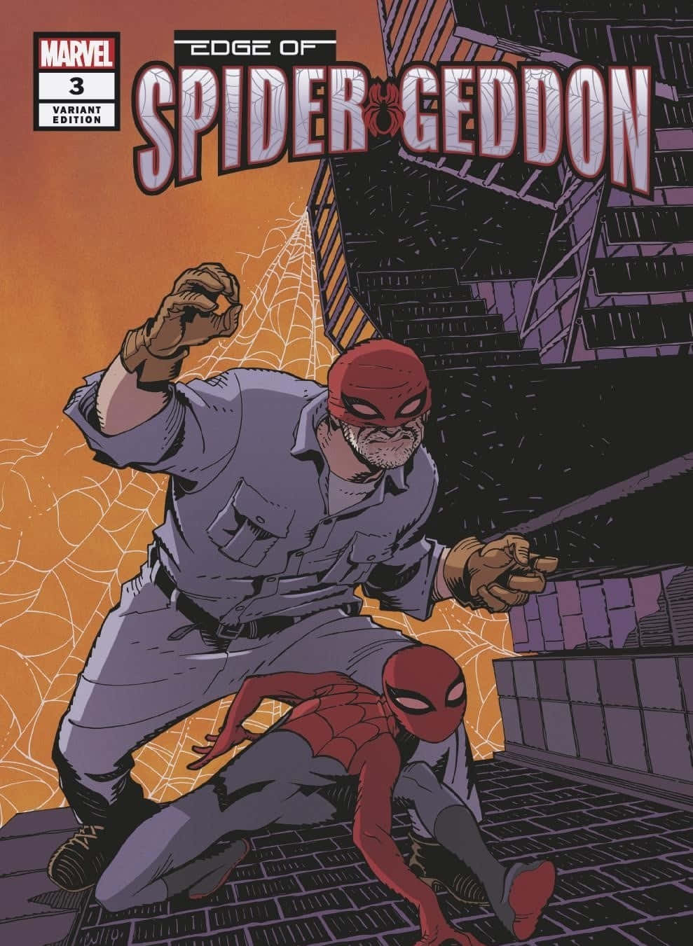 Spider-geddon 桌布 壁紙 — 蜘蛛人與一個戴面具的人物在橙色天空下的屋頂上衝突，周圍有蜘蛛網圖案和城市建築。