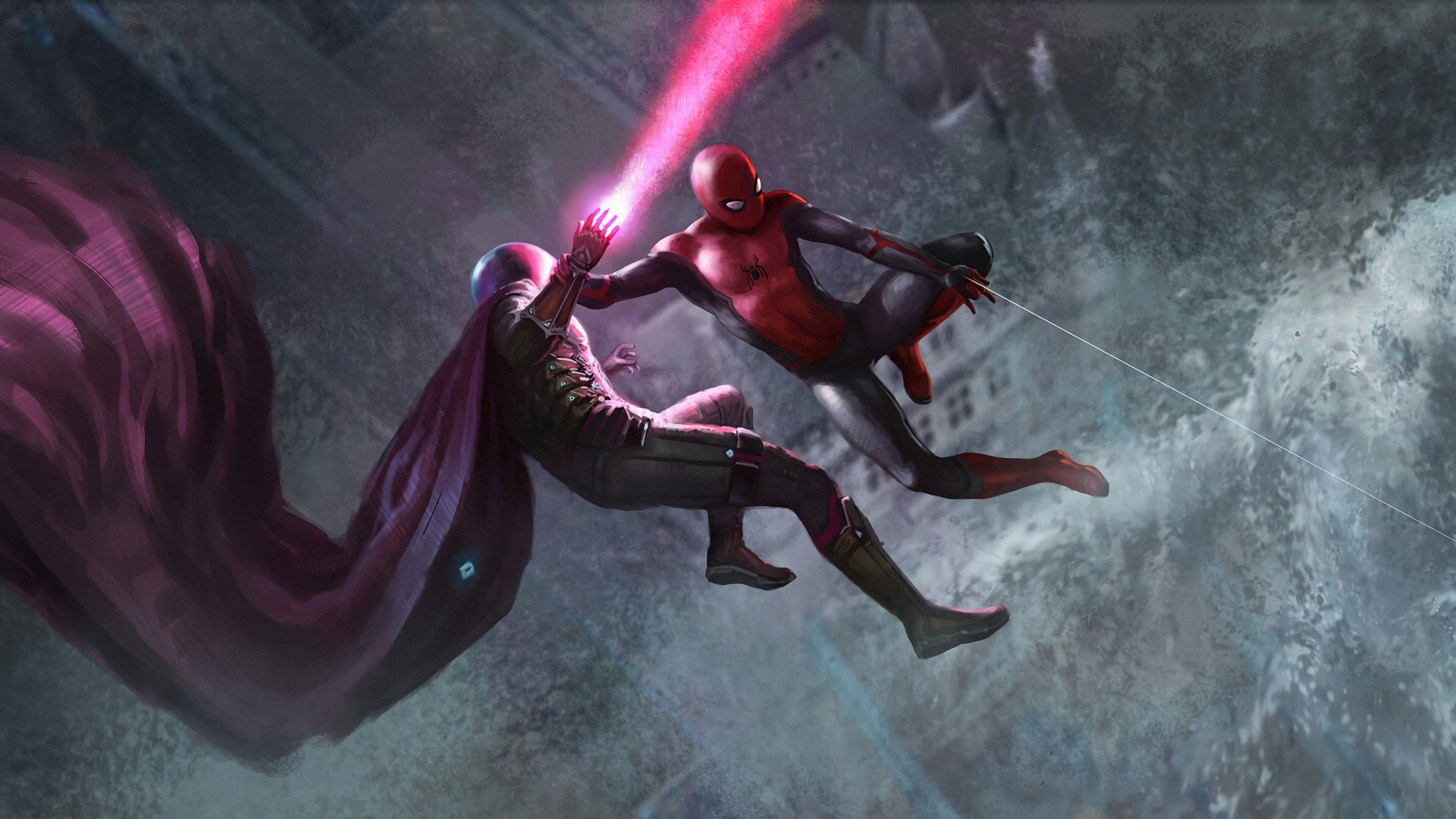 Mysterio 桌布 壁紙 — 蜘蛛人與一名身穿紫色斗篷的惡棍在半空中交鋒，一道紅色雷射光束從他們手中噴射而出，背景是風暴中的城市。
