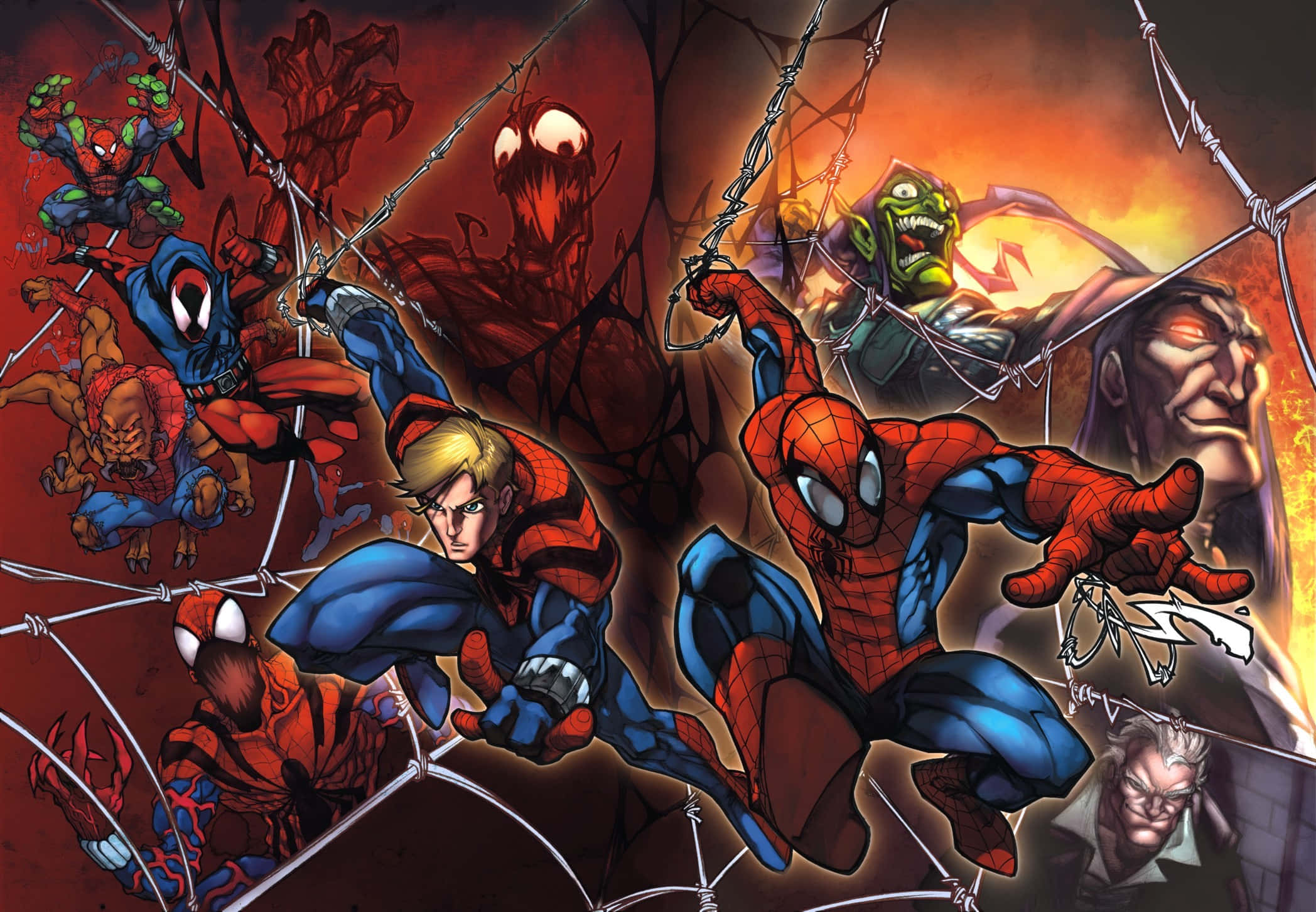 Ultimate Spider-man 桌布 壁紙 — 蜘蛛人與他的盟友在一個熾熱且佈滿蜘蛛網的戰場上與威脅性的惡棍戰鬥。