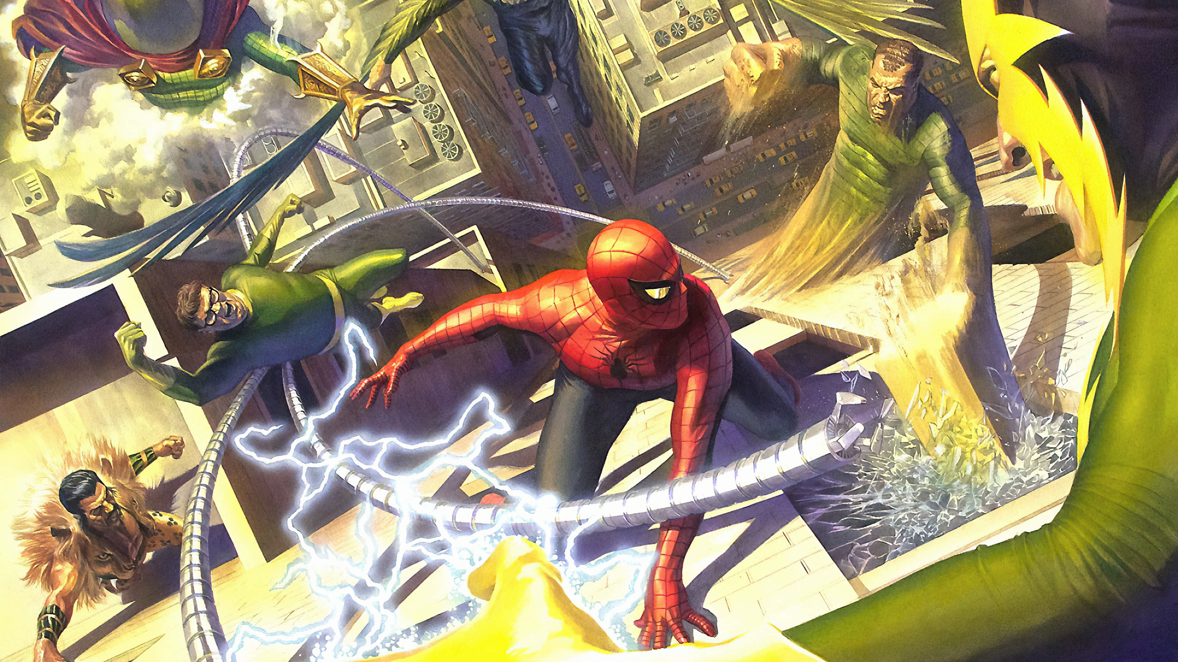 Sinister Six 桌布 壁紙 — 蜘蛛人與八爪博士及其他反派在充滿電能爆炸的動態漫畫城市景觀中戰鬥。