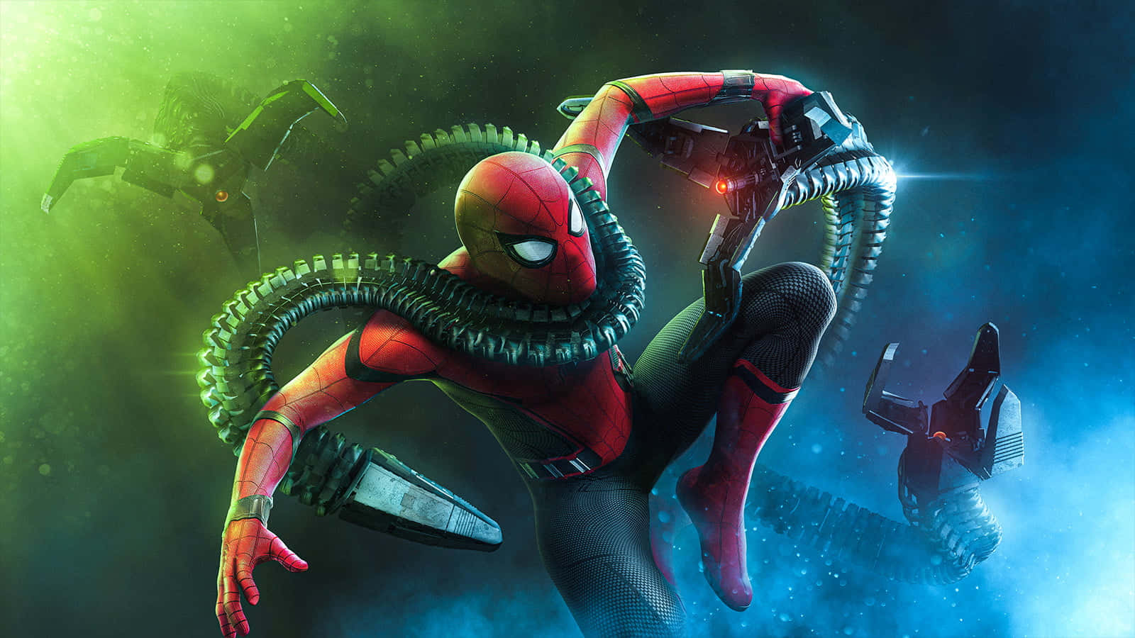 Spider Man No Way Home 桌布 壁紙 — 蜘蛛人與八爪博士在充滿動感的宇宙戰鬥中對決，伴隨著發光的綠色和藍色能量效果。