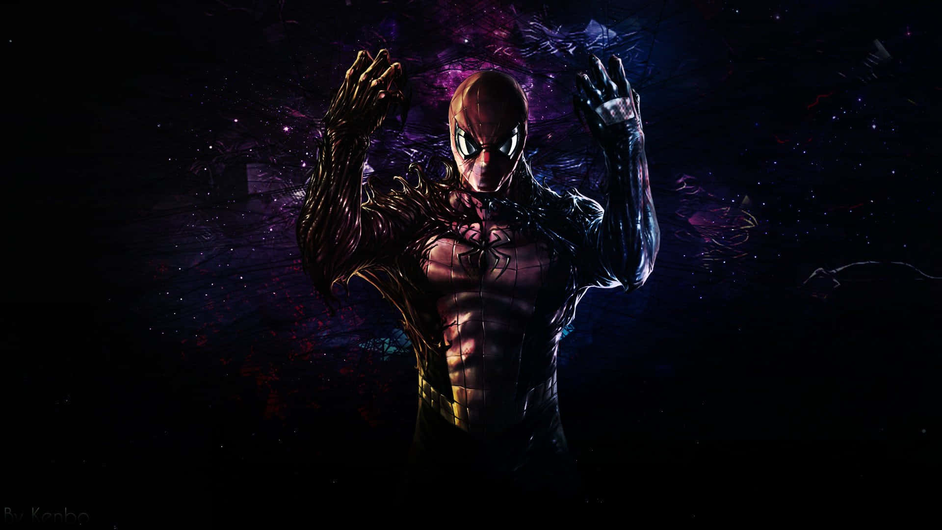 Venom Comic Book 桌布 壁紙 — 蜘蛛人與共生體融合，在黑暗太空中以發光的紫色和藍色色調對抗宇宙星雲。
