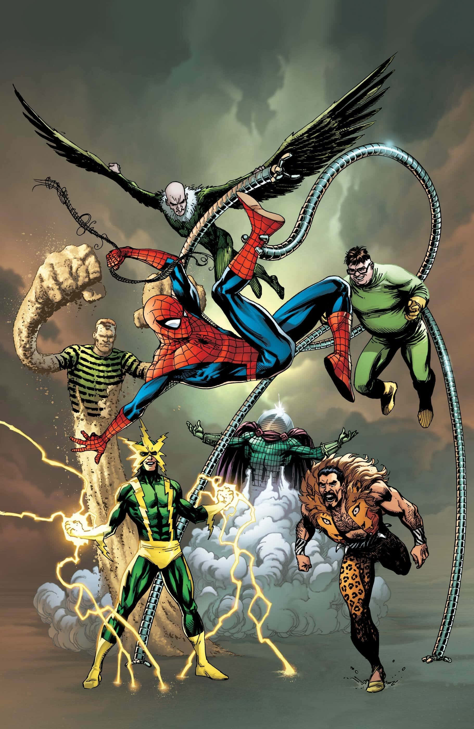 Sinister Six 桌布 壁紙 — 蜘蛛人與其他六位超級英雄在暴風雨的天空下，以電能和蜘蛛網動態擺出姿勢。
