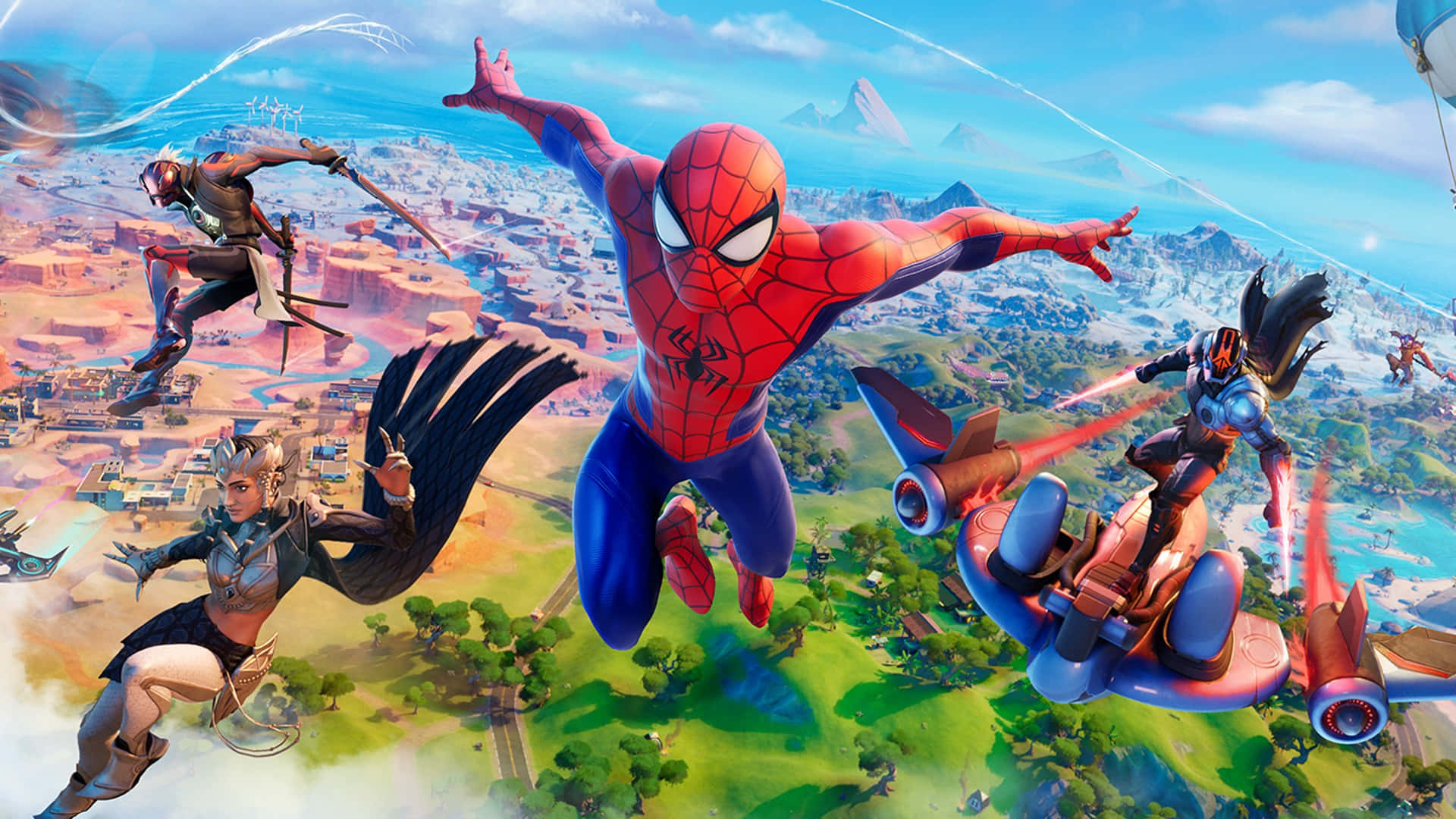 Fortnite Chapter 3 桌布 壁紙 — 蜘蛛人與另外三位英雄在色彩繽紛的沙漠景觀上動態翱翔，下方有山脈和城市。