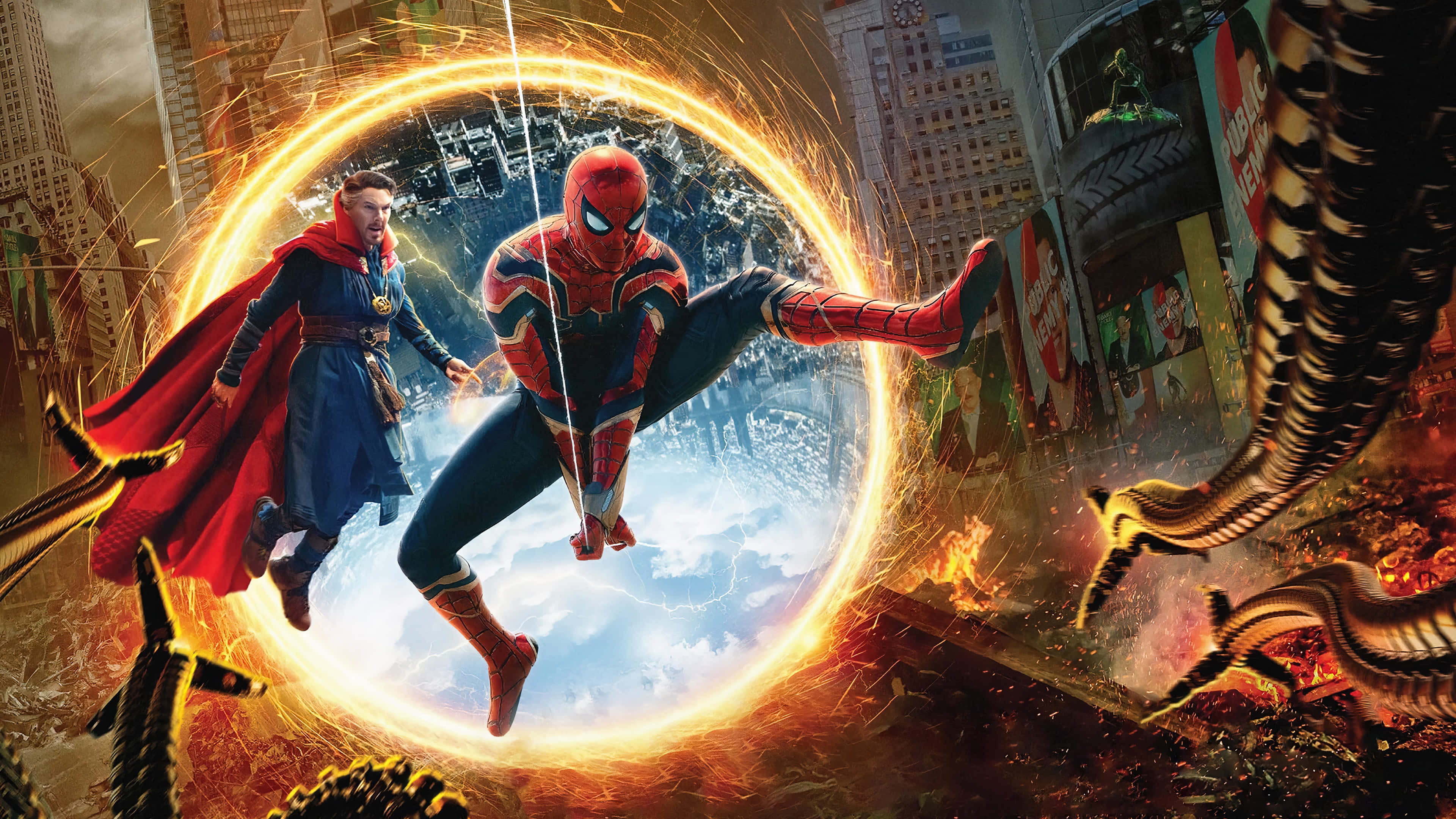 Spider Man No Way Home 桌布 壁紙 — 蜘蛛人與奇異博士在城市上空熾熱的次元傳送門中與巨型觸手戰鬥。