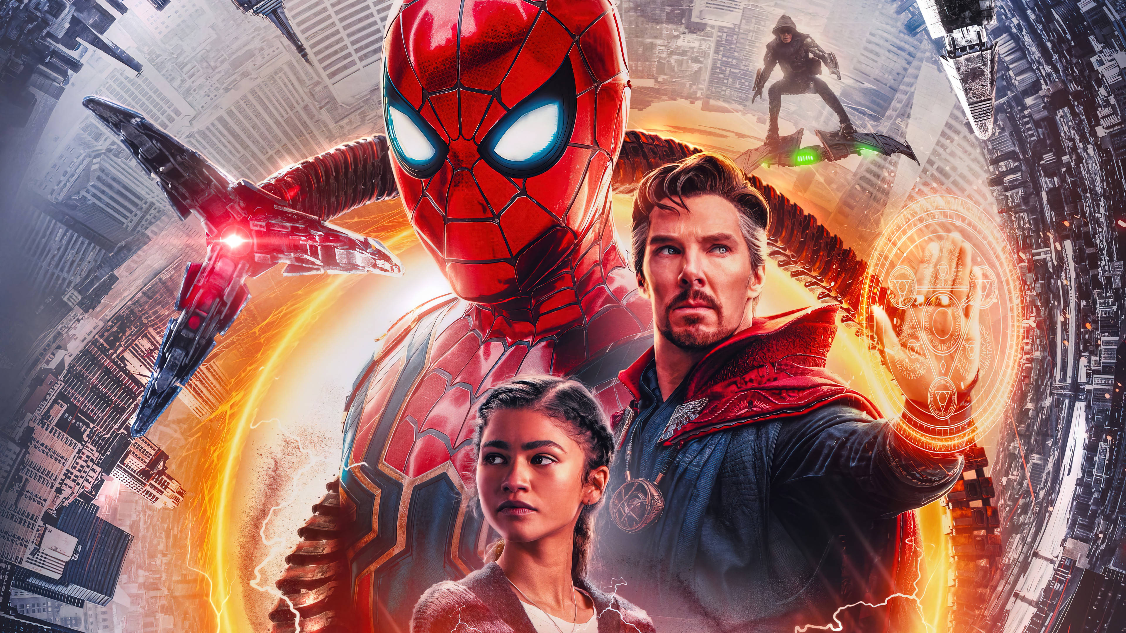 spiderman no way home 桌布 壁紙 — 蜘蛛人與奇異博士英雄地站在未來城市上空旋轉的能量漩渦和飛行車輛之中。