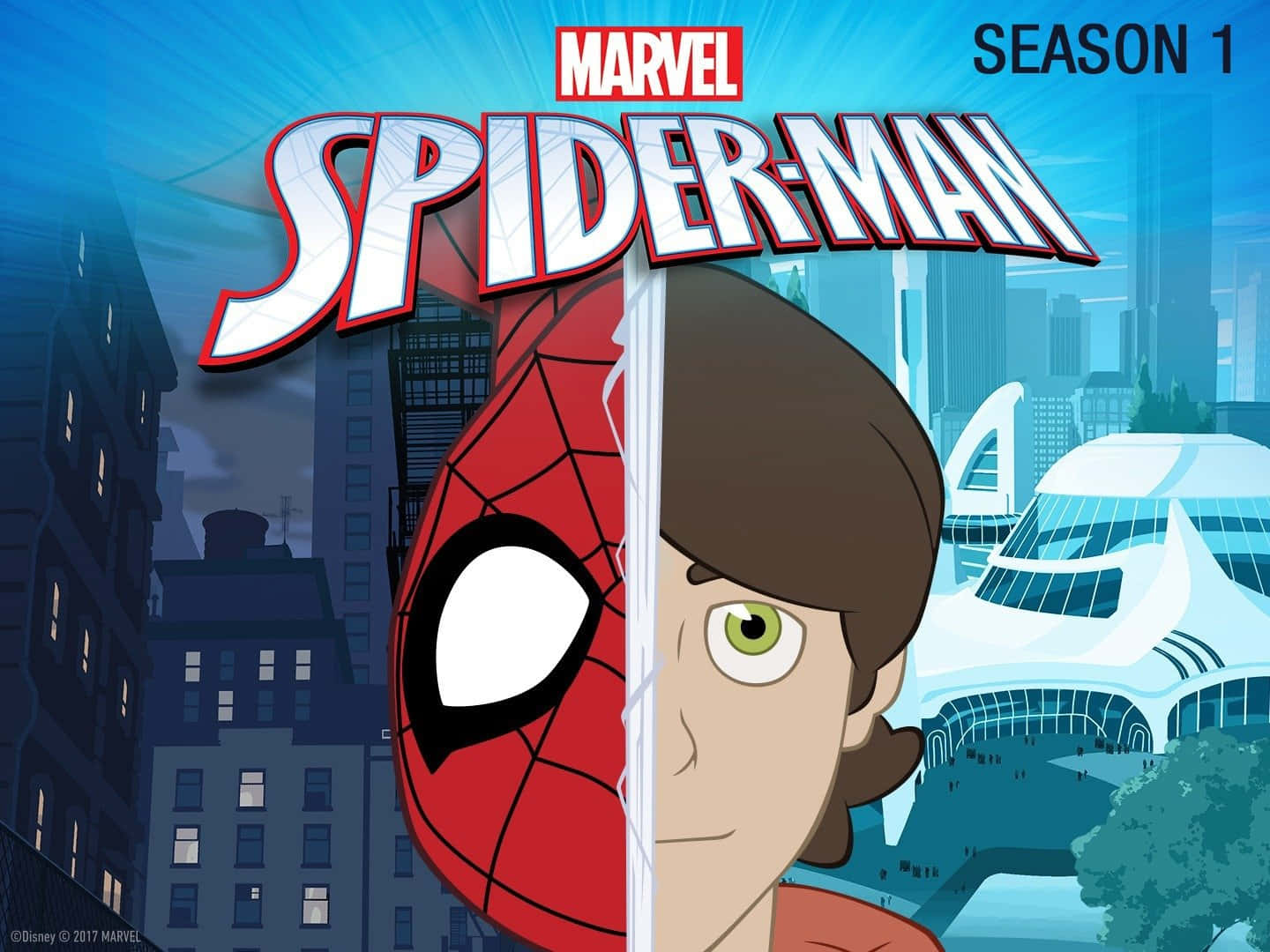Animated Tv Show 桌布 壁紙 — 蜘蛛人與彼得·帕克的半臉插圖，背景是夜晚的城市天際線，發光的建築物和藍色的天空。