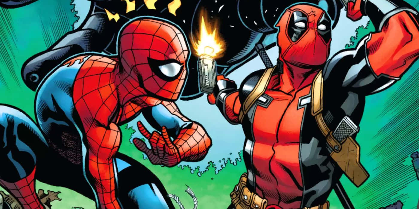 Deadpool And Spiderman 桌布 壁紙 — 蜘蛛人與死侍以漫畫風格動態碰撞，充滿火熱動作與大膽色彩。