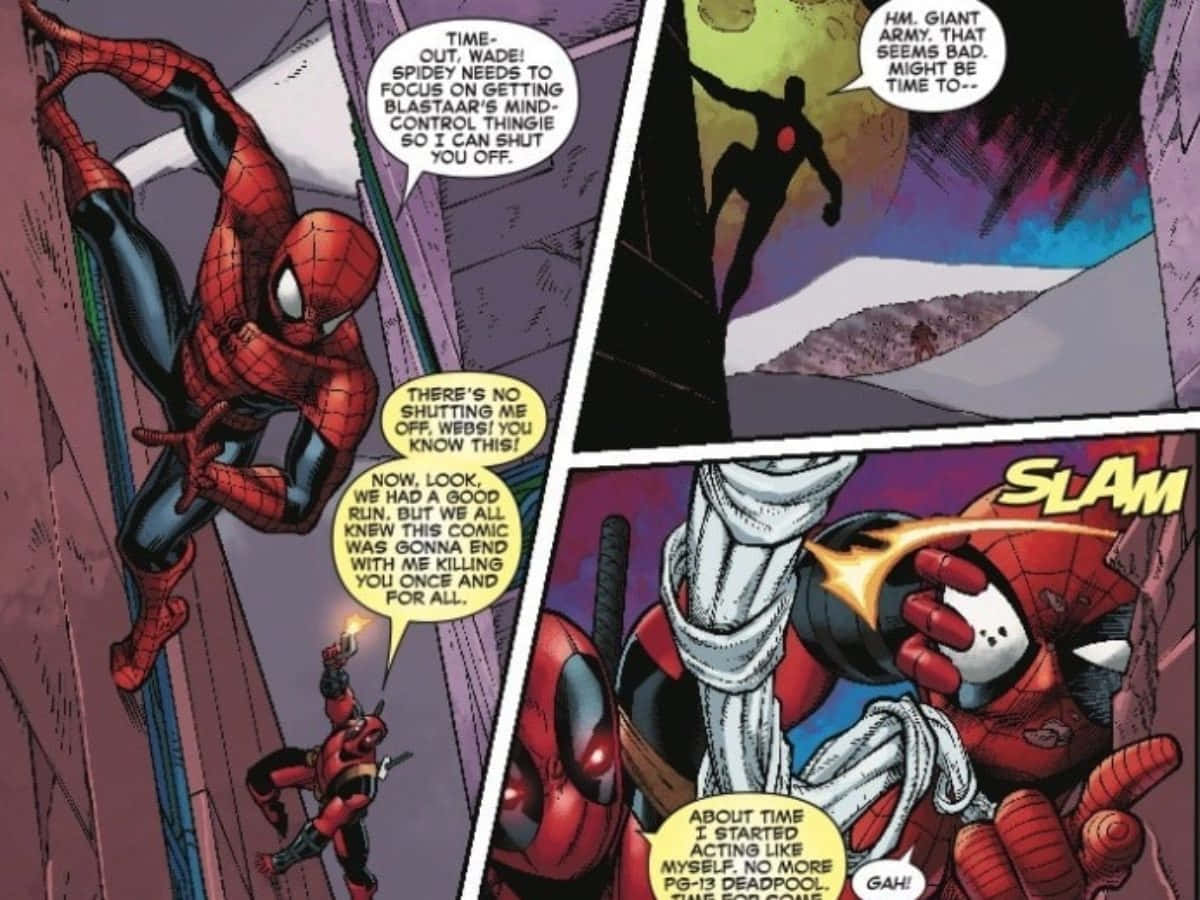 Deadpool And Spiderman 桌布 壁紙 — 蜘蛛人與死侍在一個充滿動態動作和醒目對話氣泡的漫畫格中碰撞。