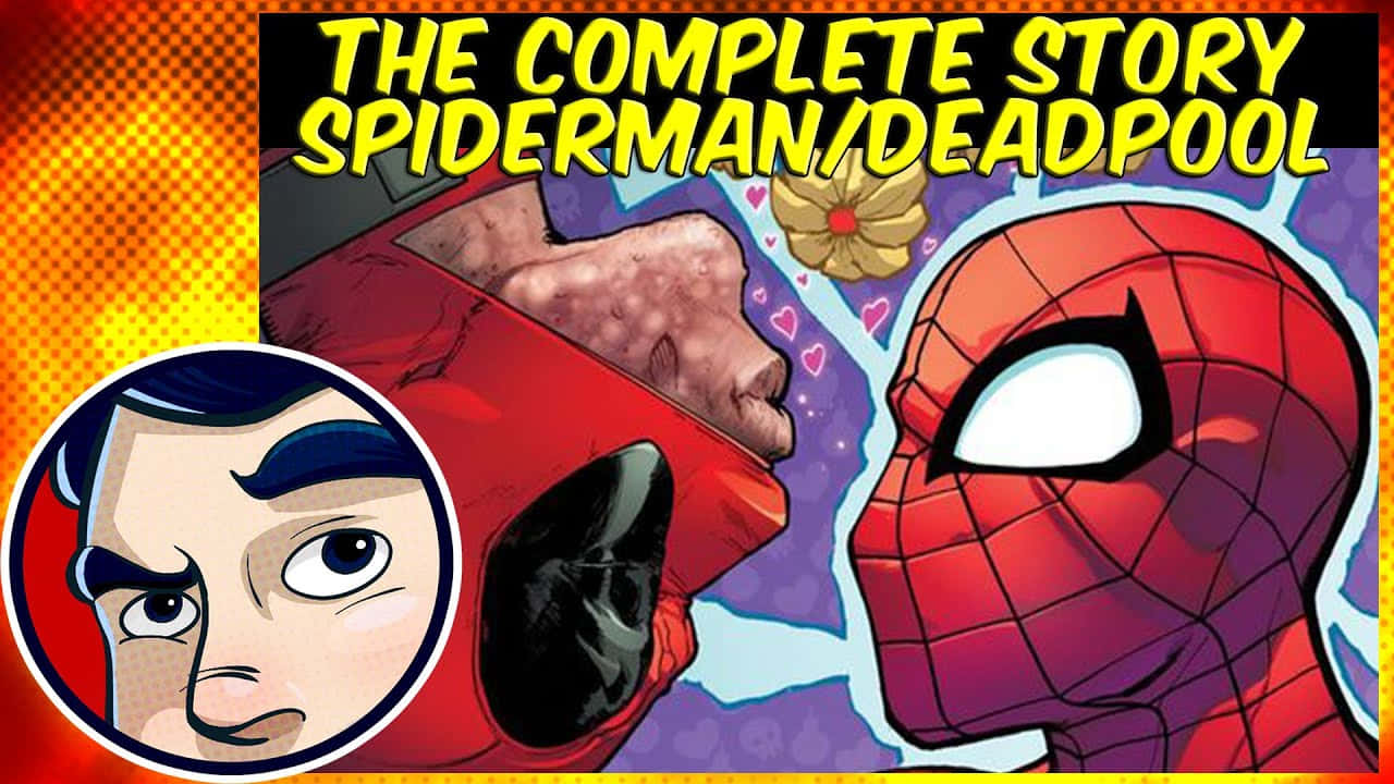 Deadpool And Spiderman 桌布 壁紙 — 蜘蛛人與死侍在一個充滿活力的漫畫面板中分享了一個喜劇性的親吻，配有粗體黃色文字和半色調背景。