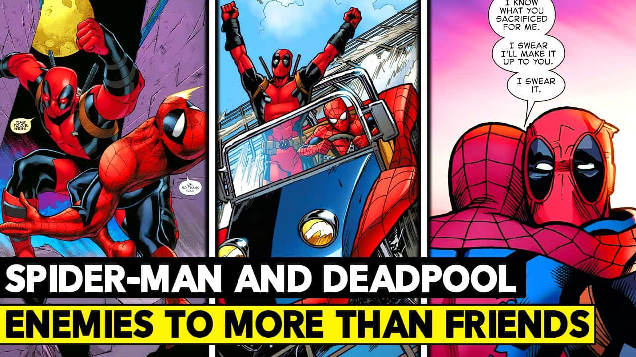 Deadpool And Spiderman 桌布 壁紙 — 蜘蛛人與死侍在動態漫畫格中展現友誼與動作，搭配大膽的紅色和藍色。