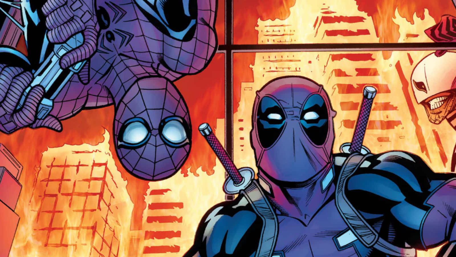 Deadpool And Spiderman 桌布 壁紙 — 蜘蛛人與死侍在火熱的城市場景中準備就緒，背景中有一個骷髏臉的惡魔若隱若現。