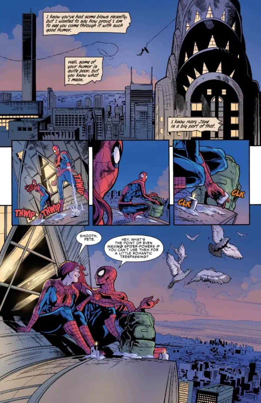 Friendly Neighborhood Spider-man 桌布 壁紙 — 蜘蛛人與瑪麗·珍在黃昏的城市景觀上共享屋頂時刻，漫畫書面板顯示他們的互動。