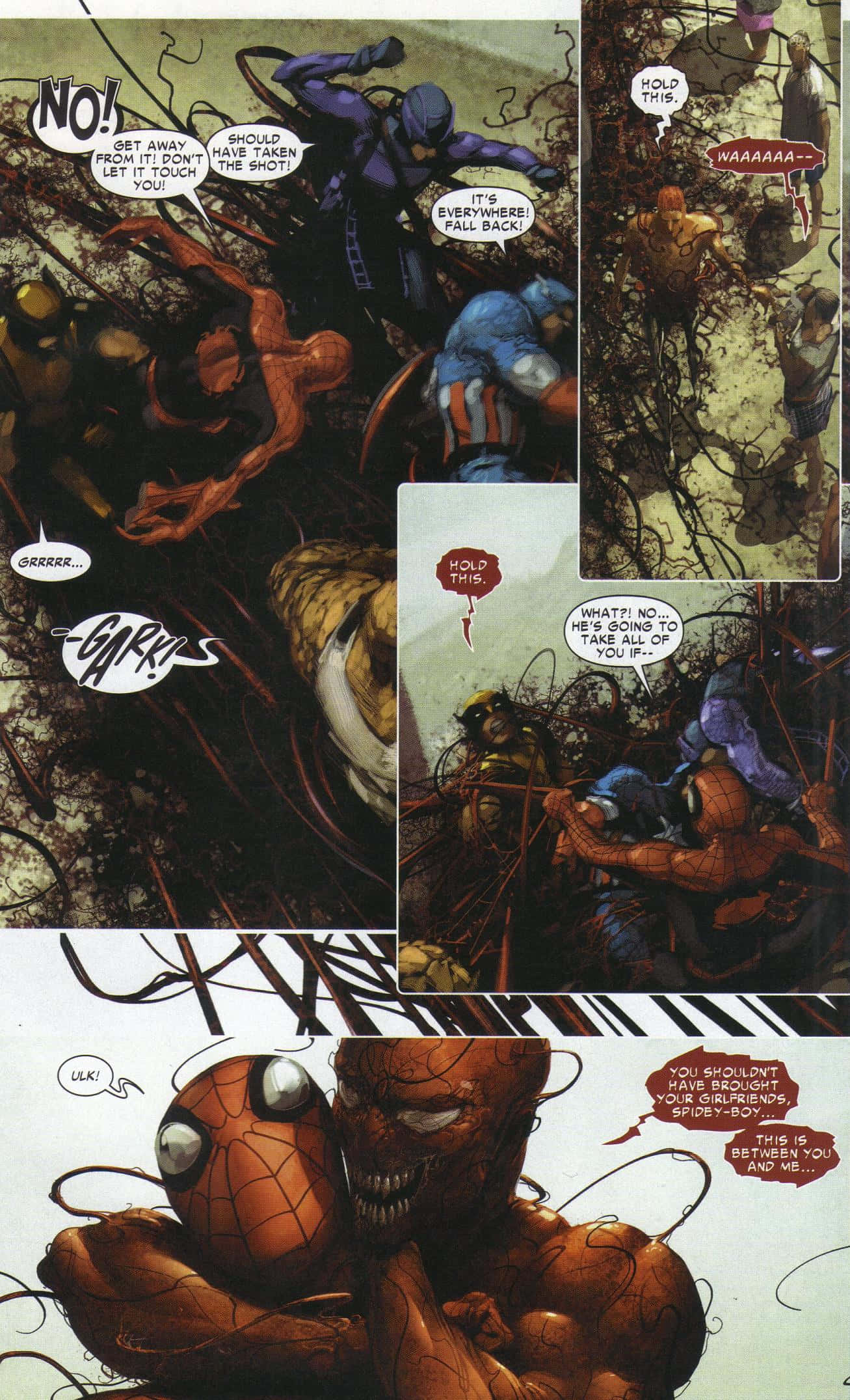 Carnage USA 桌布 壁紙 — 蜘蛛人與盟友在一個充滿動作和對話的混亂漫畫書面板中與一個怪物般的共生體戰鬥。