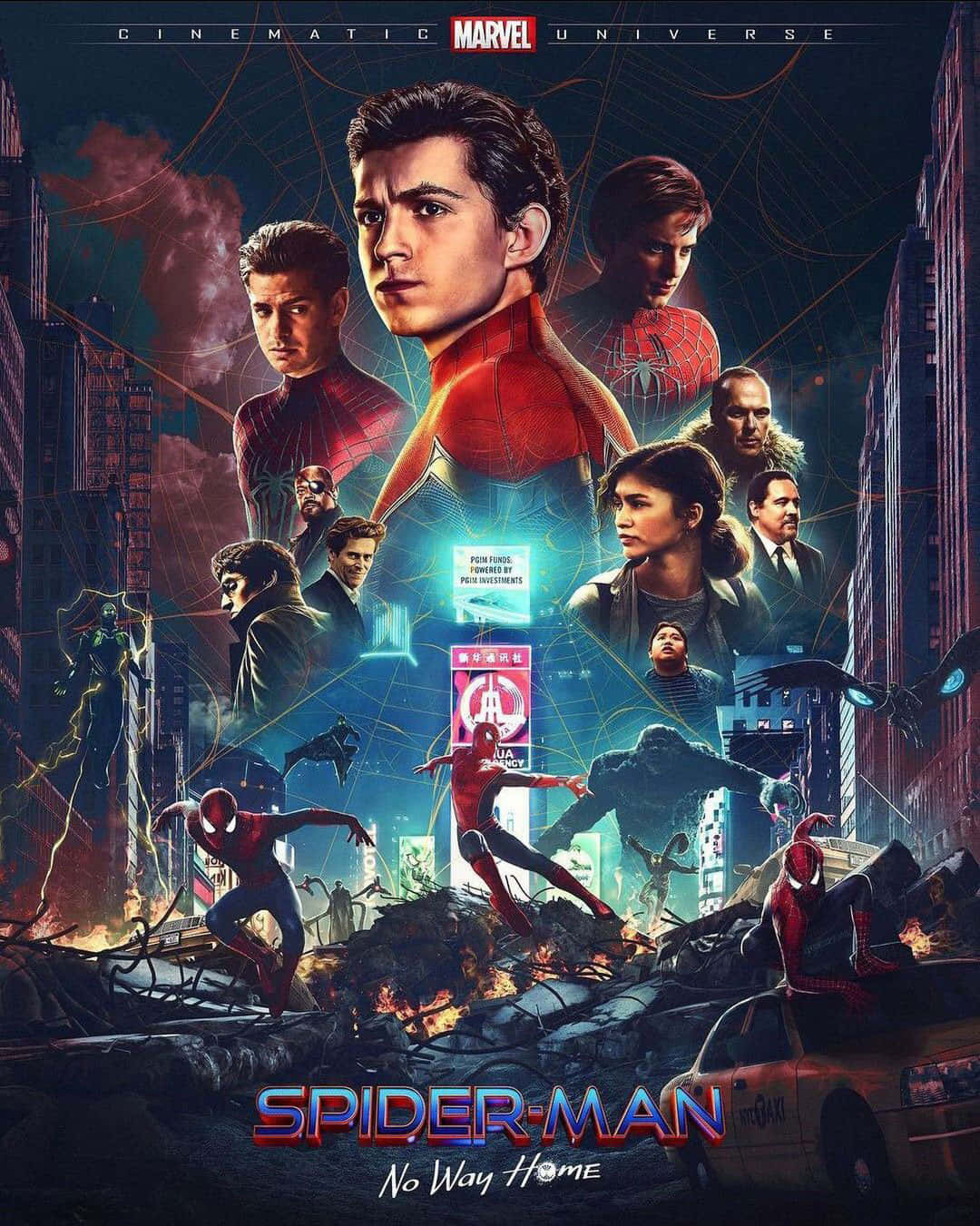 Spider Man No Way Home 桌布 壁紙 — 蜘蛛人與盟友在黑暗天空下，於破碎的城市景觀中戰鬥，這是一張Marvel電影海報。