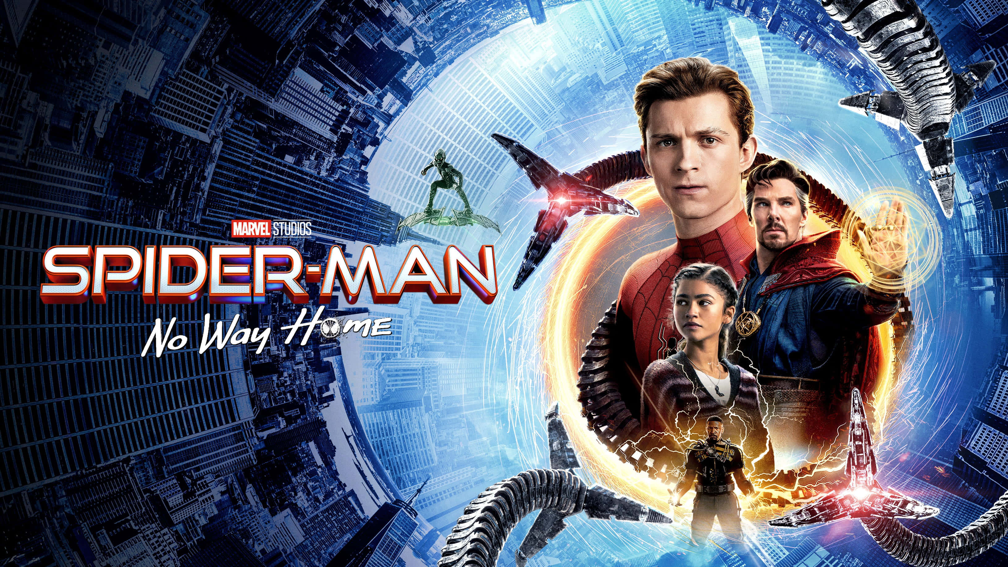 Spider Man No Way Home 桌布 壁紙 — 蜘蛛人與盟友英雄式地站在未來城市上空旋轉的傳送門中，周圍有飛行車輛和發光的能量效果。