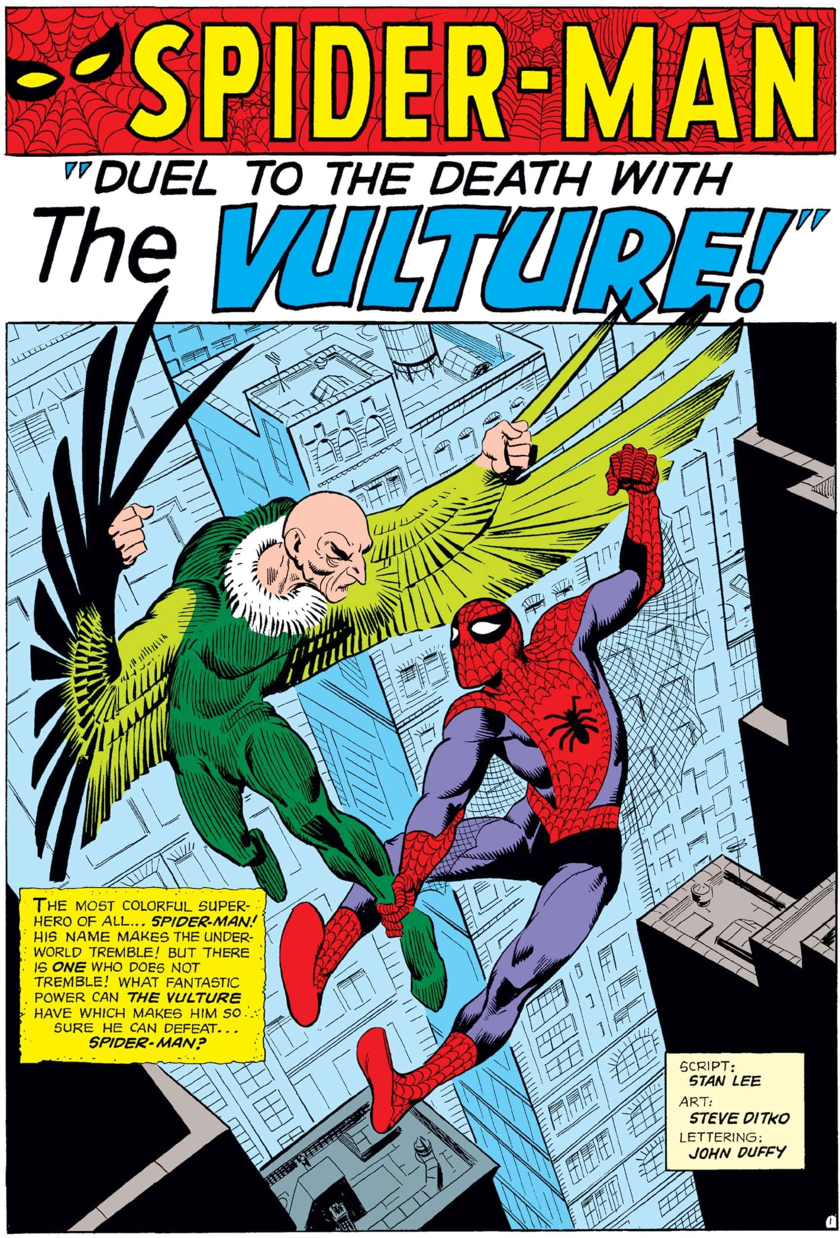 The Vulture 桌布 壁紙 — 蜘蛛人與禿鷹在經典漫畫面板中於城市景觀上空半空中交鋒。